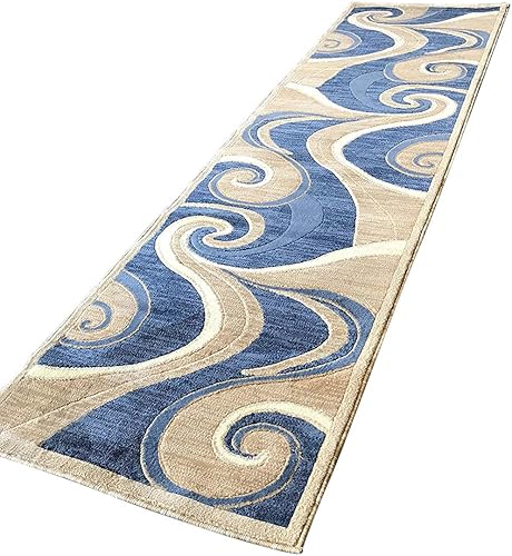 Miniatura 4 de Americana Alfombra moderna de pasillo largo, color azul, beige, diseño de remolinos goldish 144 (32 pulgadas x 10 pies)