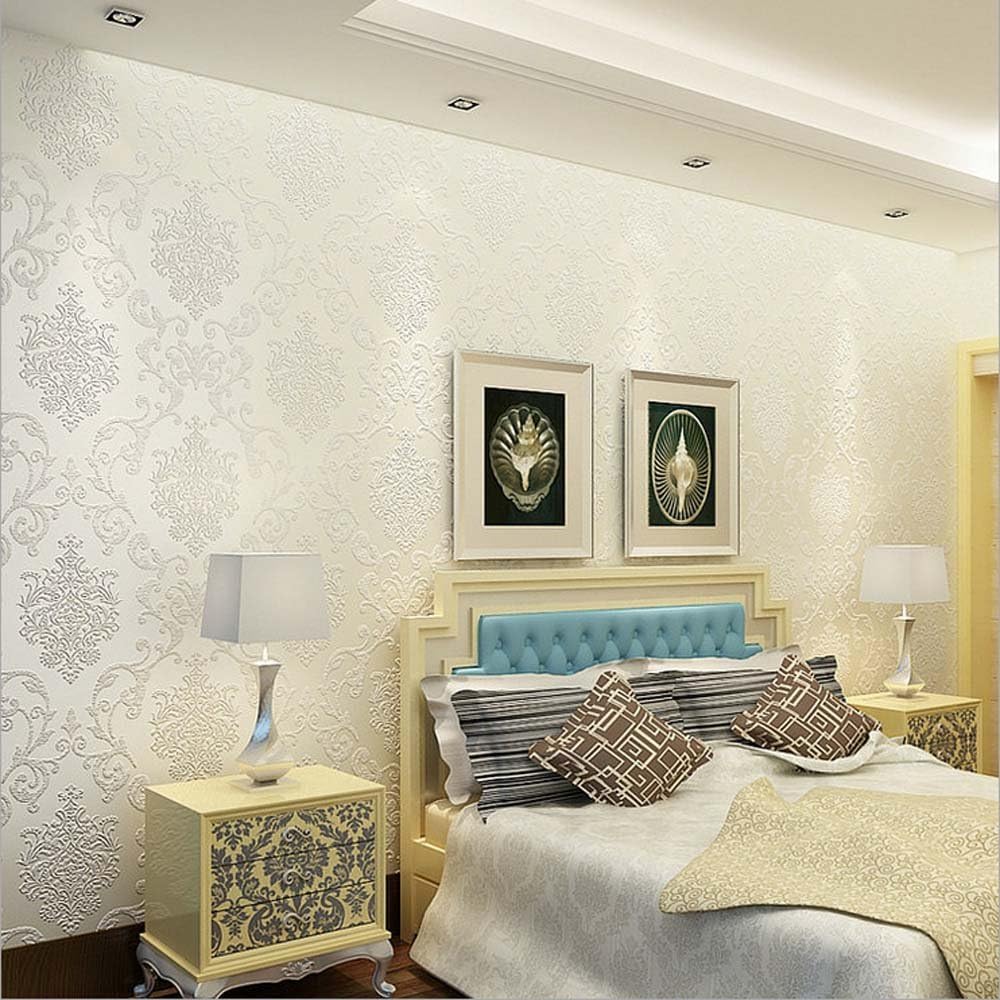 Q QIHANG DAWEI 3D Luxury Damask Pearl Powder Non-Woven Wallpaper Roll for Living Room Cream Color 1.73'W x 32.8'L