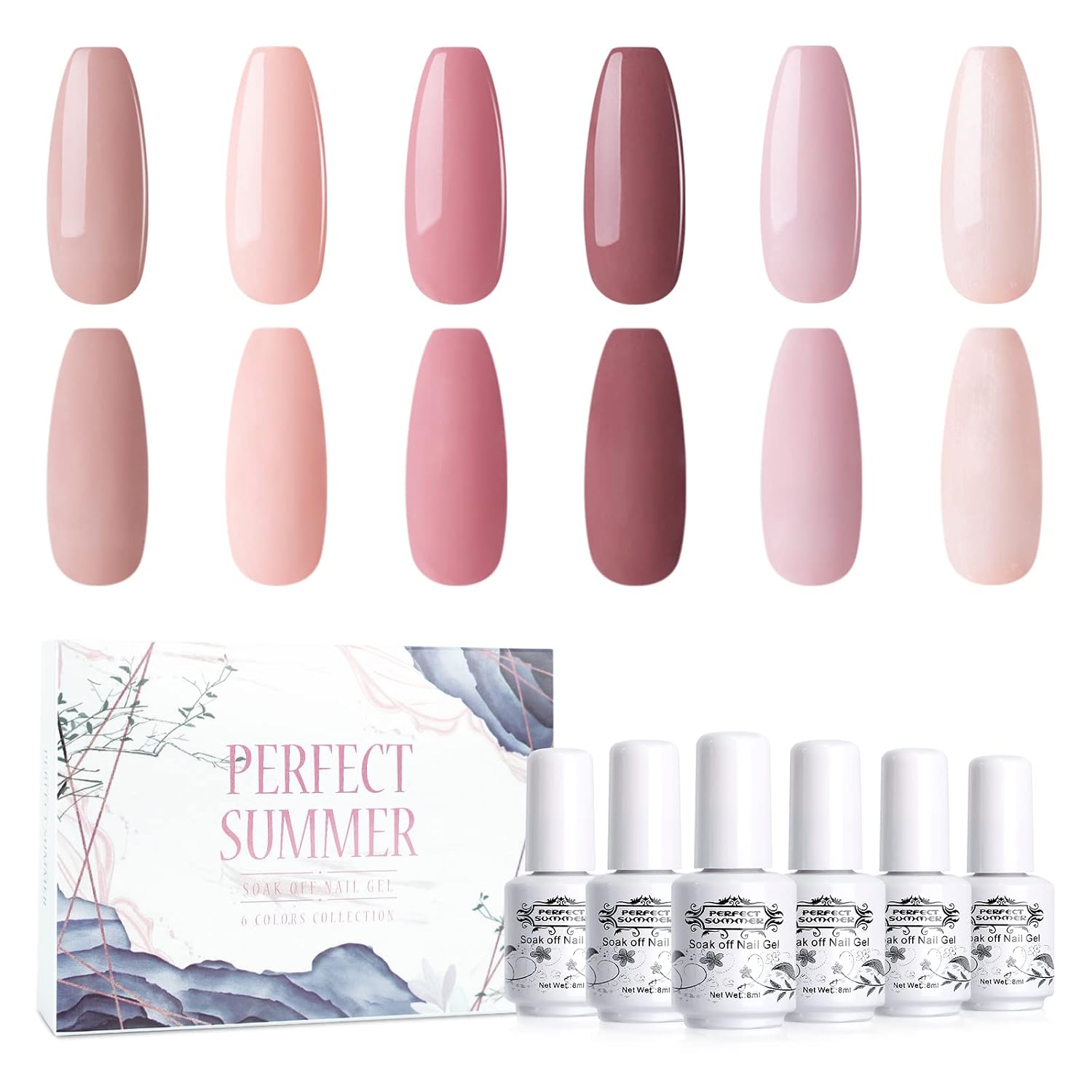 Perfect Summer Gel Nail Polish, Nudes 6 Colors Gel Pink Nail Polish Varnish Soak Off LED Manicure Home Art Beauty Gifts Set for Women Girls