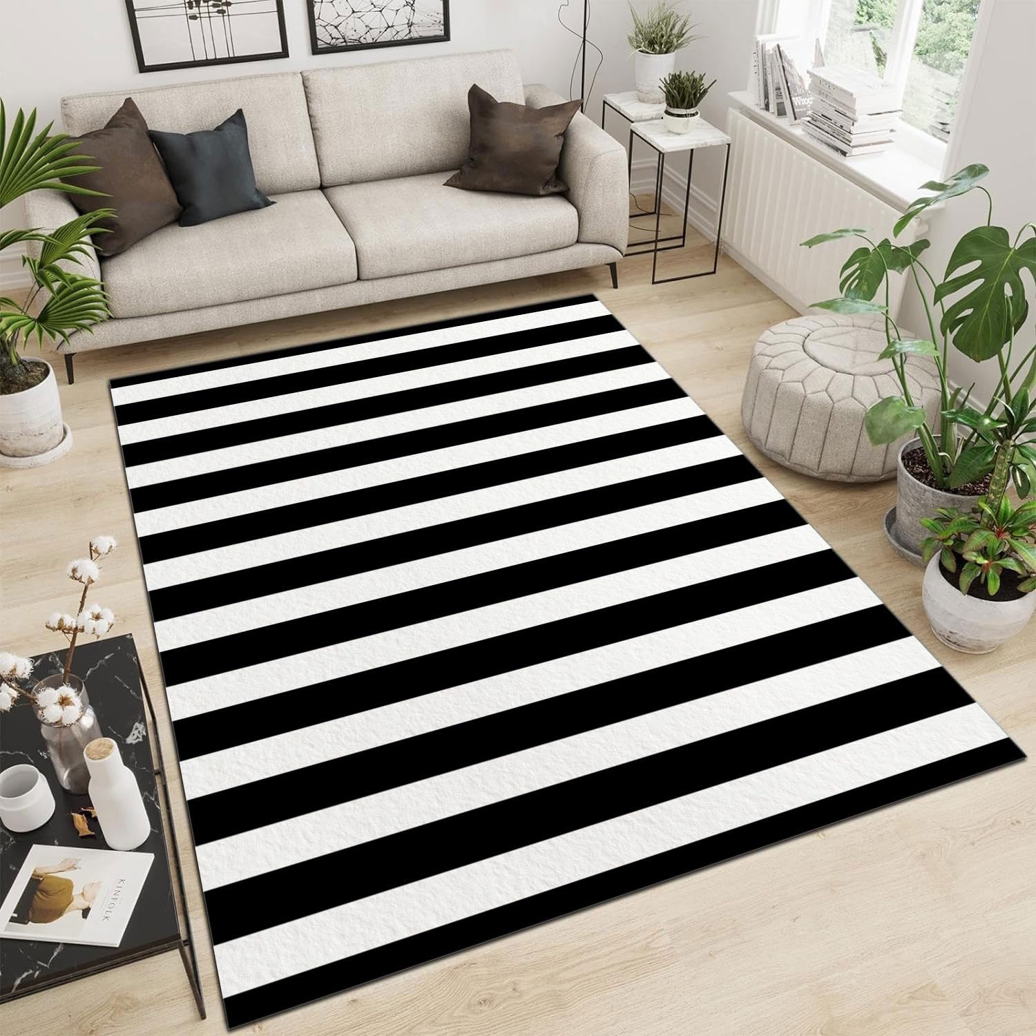 Czarno-biały dywan w paski 160 x 230 cm, można prać w pralce, przyjazny dla zwierząt domowych i dzieci, idealny do salonu, kuchni, sypialni, jadalni, dywan z krótkim włosiem