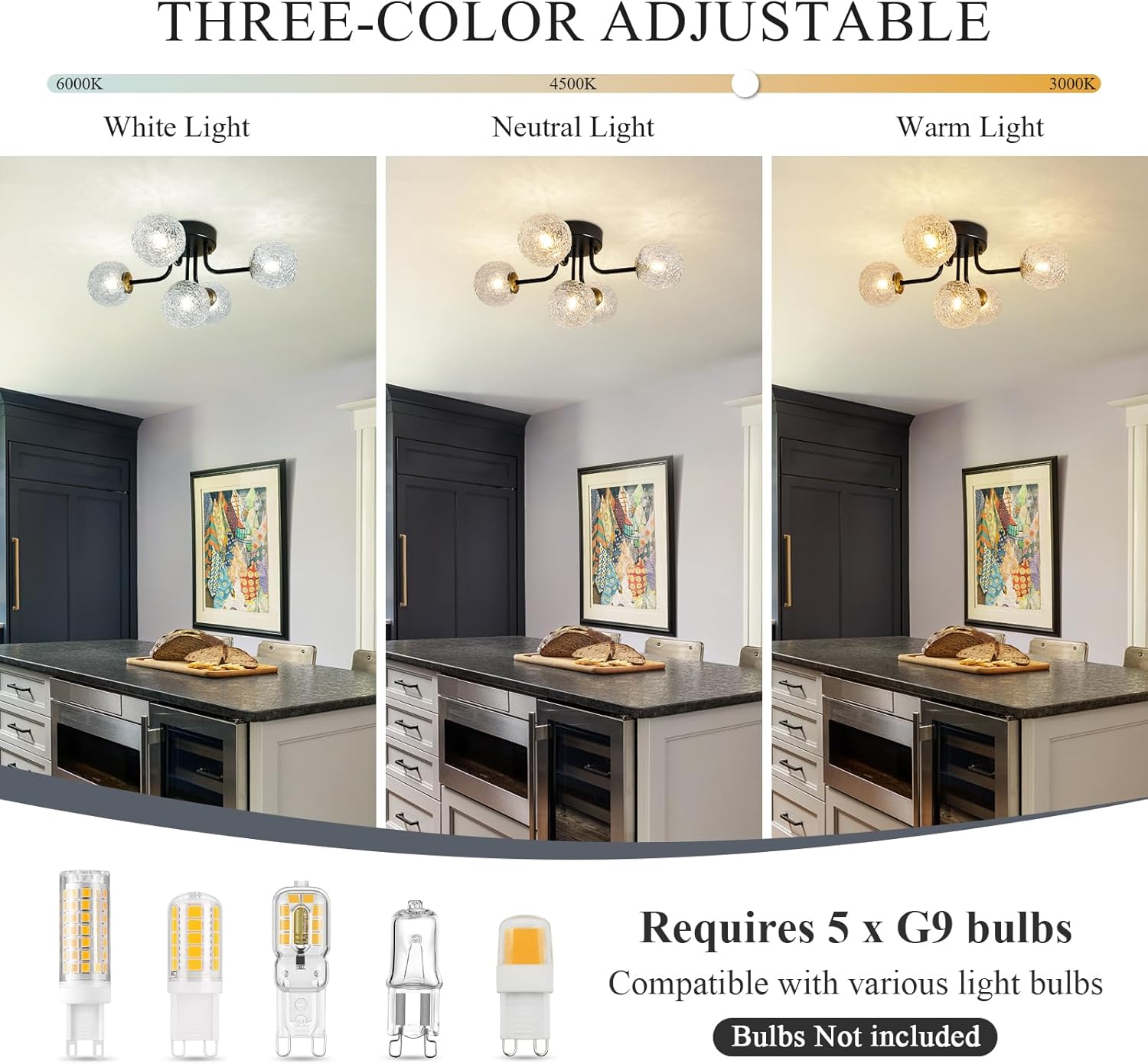 Semi Flush Mount Ceiling Light Black 5-Lights Sputnik Ceiling Light Mid Century Modern Clear Glass Globe Close to Ceiling Light for Bedroom Kitchen Entryway Closet