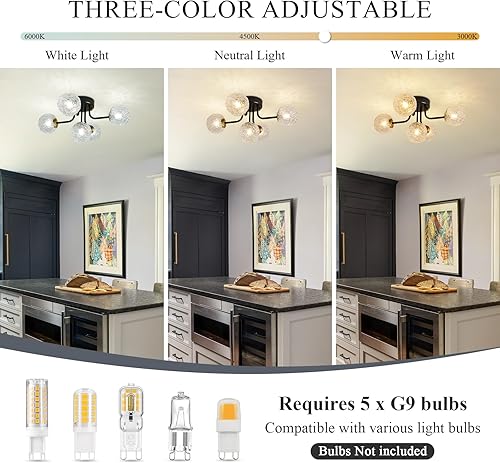 Miniatura 5 de Lámpara de techo semiempotrada de 5 luces Sputnik color negro, lámpara de techo Sputnik moderna de mediados de siglo, globo de vidrio transparente