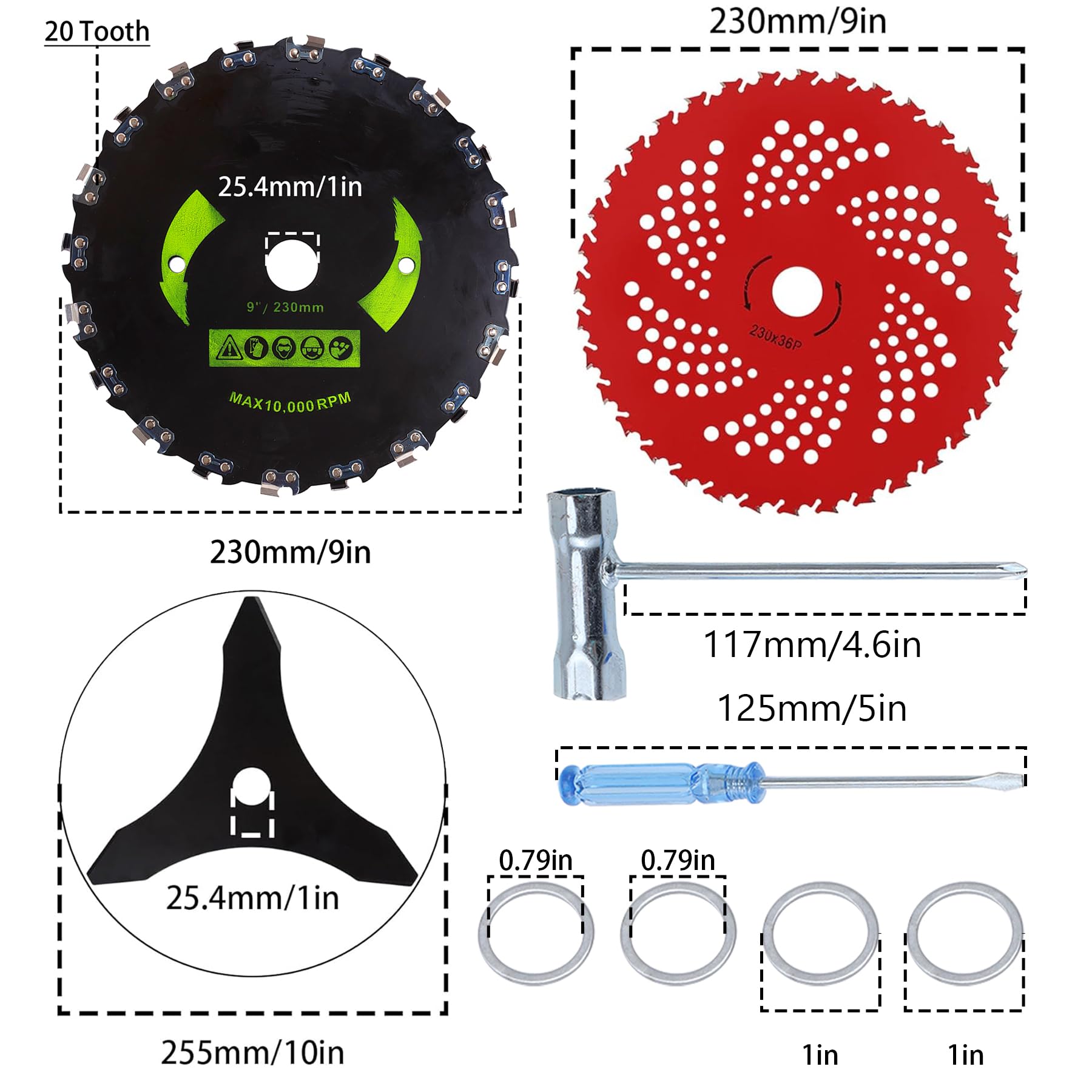 Cortador de dientes de motosierra de 9 pulgadas x 20T, cuchillas con punta de carburo de 9 x 36 dientes, cuchillas de corte de cepillo de acero al carbono de 10 x 3 dientes con kit adaptador universal