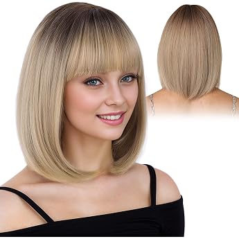 DKDDSSS Ombre Blonde Bob Short Blonde Bob Wig with Fringe Synthetic Wig for Women Wigs Cosplay Costume Charming Wig for Daily Carnival Fancy Dress Halloween