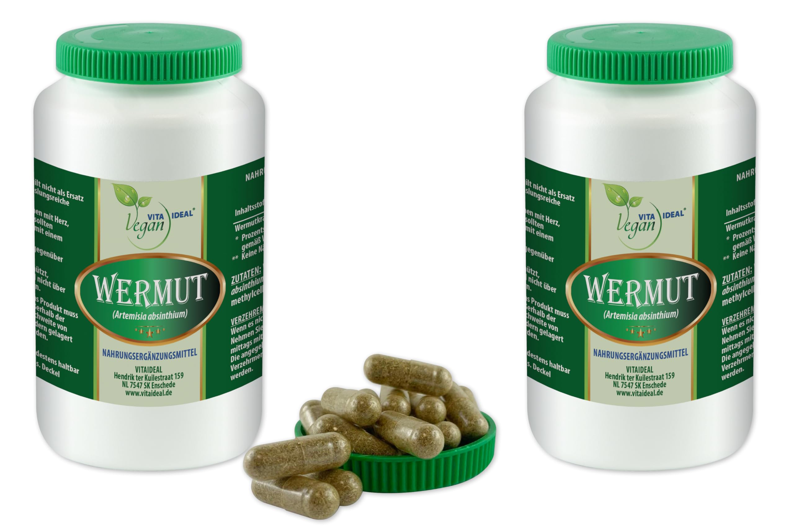 VITA IDEAL Vegan® Wermut - Kraut 2x 360 Kapseln - Artemisia absinthium - Tagesportion 540mg Wermutkraut reines Pulver. Natürlich, pflanzlich und ohne Zusatzstoffe, original von VITAIDEAL.
