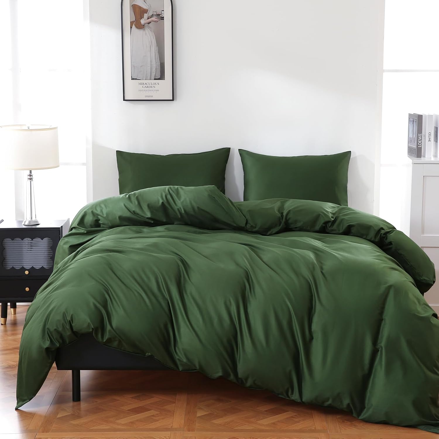 100% Organic Cotton California King Duvet Cover 400 Thread Count Percale 104x98 Inches Sateen Comforter Cover Soft and Breathable Bedding Set 3 Piece（Forest Green,Cal King）