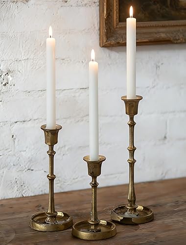 NUPTIO Cast Iron Candlestick Holders: Antique Brass Taper Candle Holders with Unique Drip Wax Aesthetics - Set of 3 Gold Candle Sticks Holder