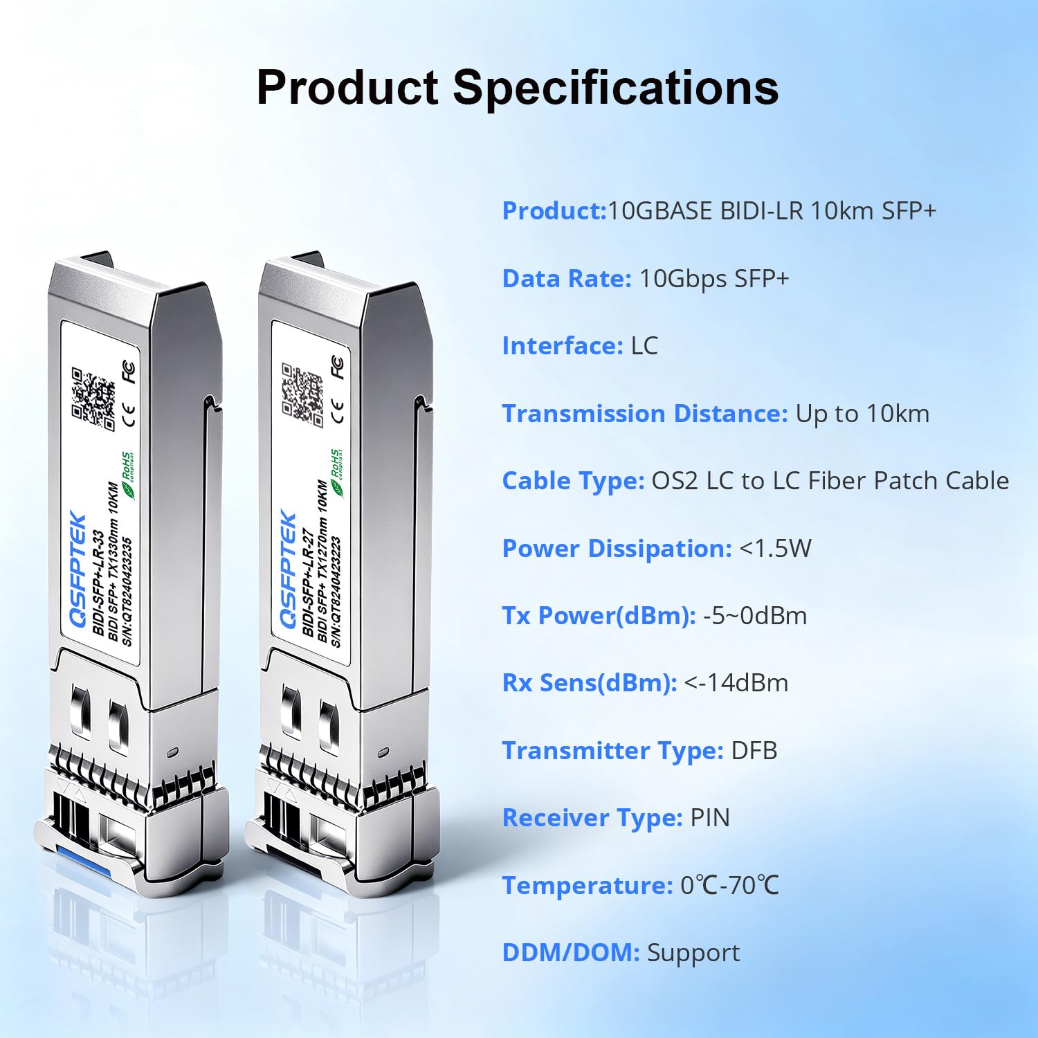 QSFPTEK 10G SFP+ Bidi Transceivers LC Single-Mode Module for Cisco SFP-10G-BXD-I (1330nm-TX/1270nm-RX) / SFP-10G-BXU-I (1270nm-TX/1330nm-RX),10KM, with DDM - 1 Pair