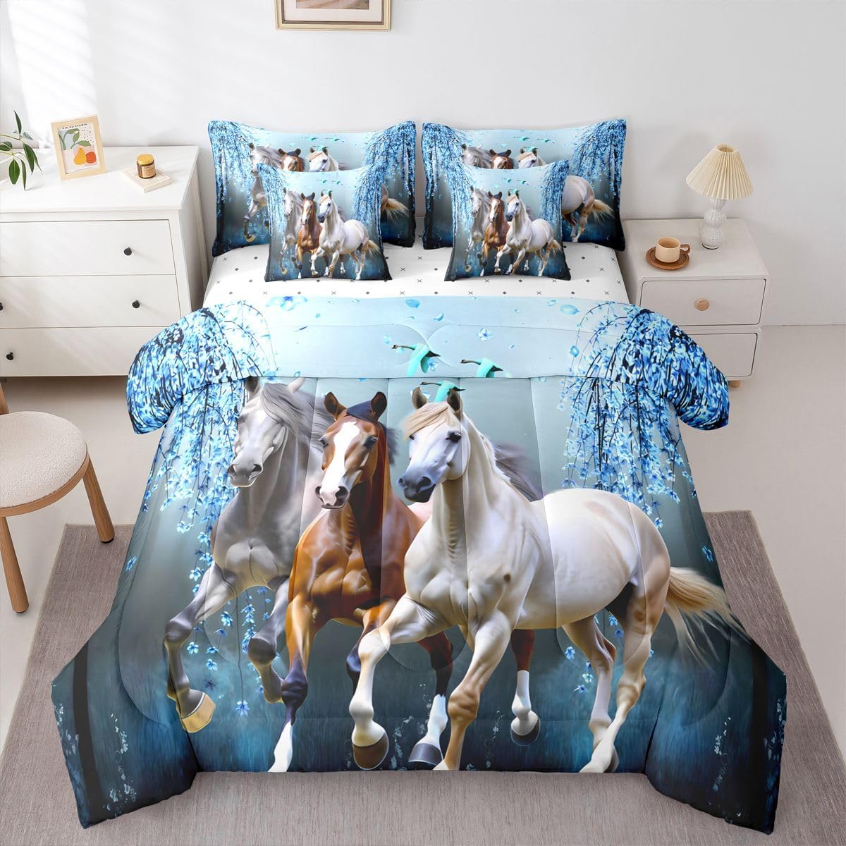 Horse Twin Size Bed in a Bag for Girls Boys Cherry Blossom Branches Steed Blue Kids Comforter Set with Sheets Teens Galloping Horse 7 Piece Bedding Set Wild Animal Decor Bed Set Bedroom Collection