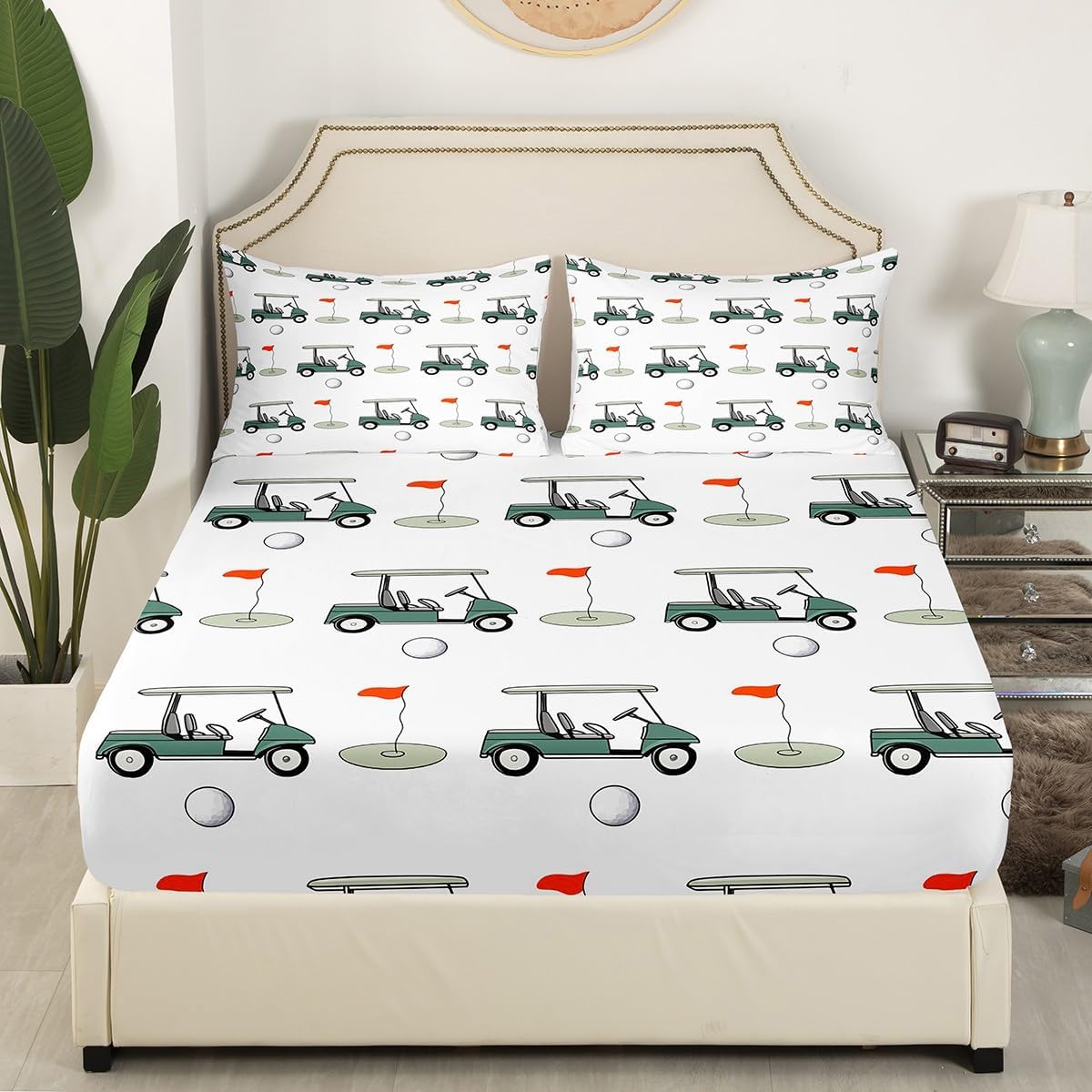Feelyou Golf Sheets Ball Games Themed Bedding Set for Kids Boys Girls Golf Club Bed Sheets Green Course Sheets Set Bedroom Collection 4Pcs Queen Size,1 Fitted Sheet+2 Pillow Sham+1 Flat Sheet