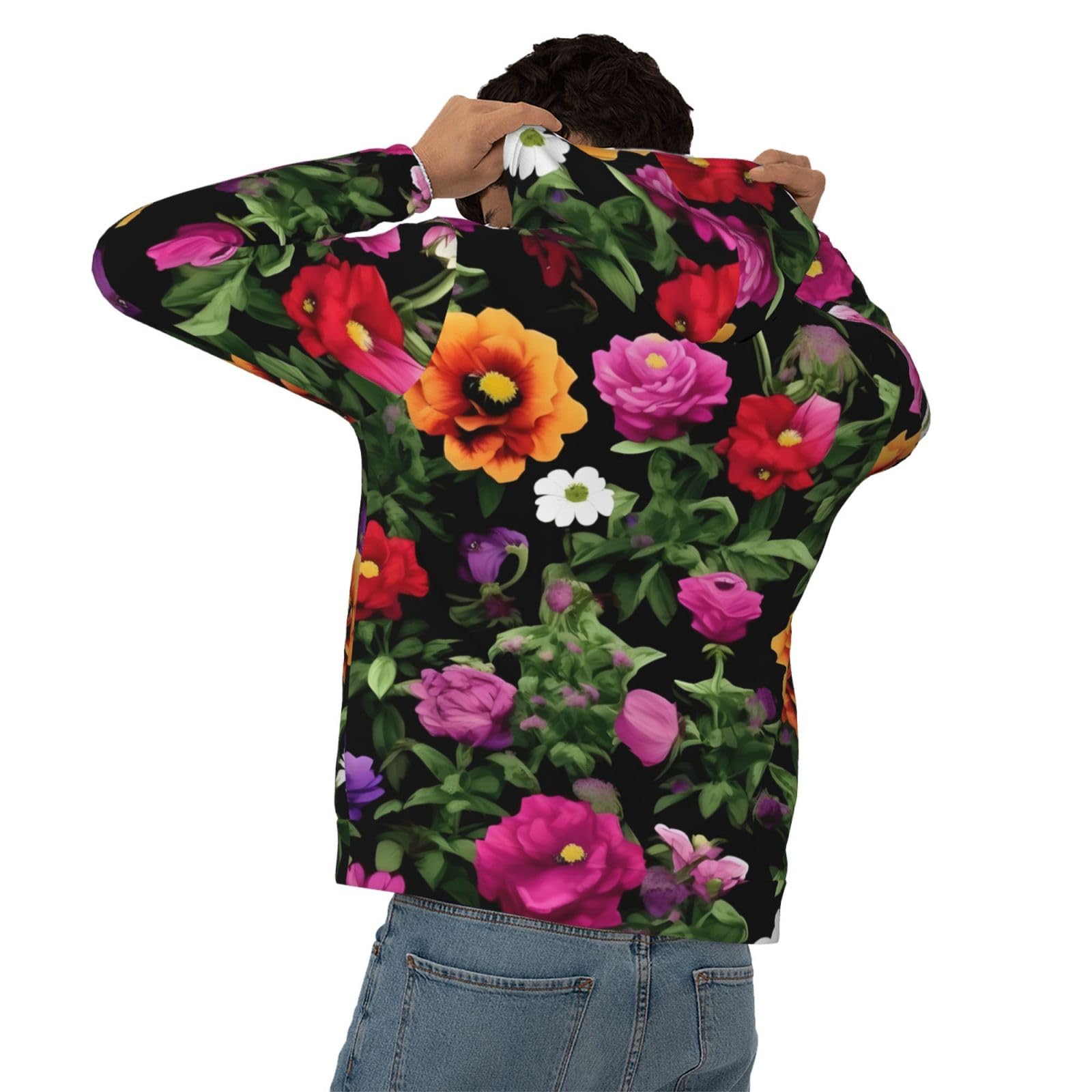 Męska bluza z kapturem z nadrukiem Thug Life Flowers, casualowa grafika z nadrukiem bluzy z kapturem z kieszenią