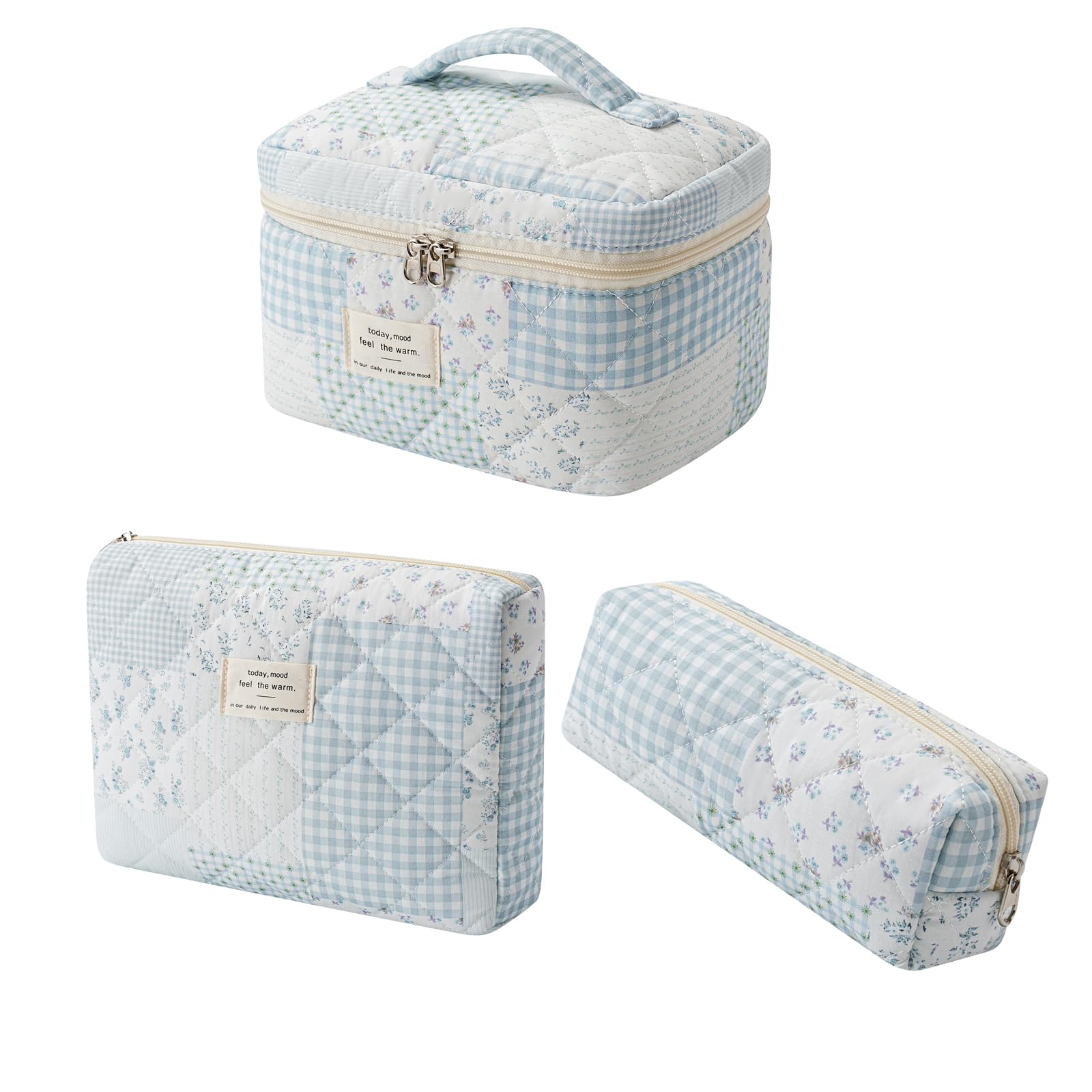 Quilted Cotton Makeup Bag Set, 3-Piece Cosmetic Organizer