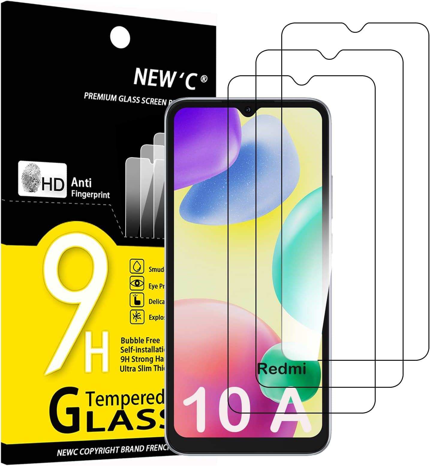 NEW'C 3 Pack Designed for Xiaomi Redmi 10A, Xiaomi Redmi 9C Screen Protector Tempered Glass, Case Friendly Anti Scratch Bubble Free Ultra Resistant