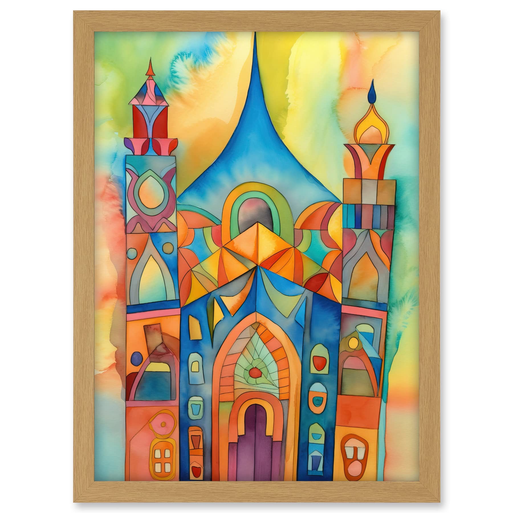 Artery8 Jewish Synagogue Building Multicoloured Folk Art Watercolour Painting Artwork Framed A3 Wall Art Print