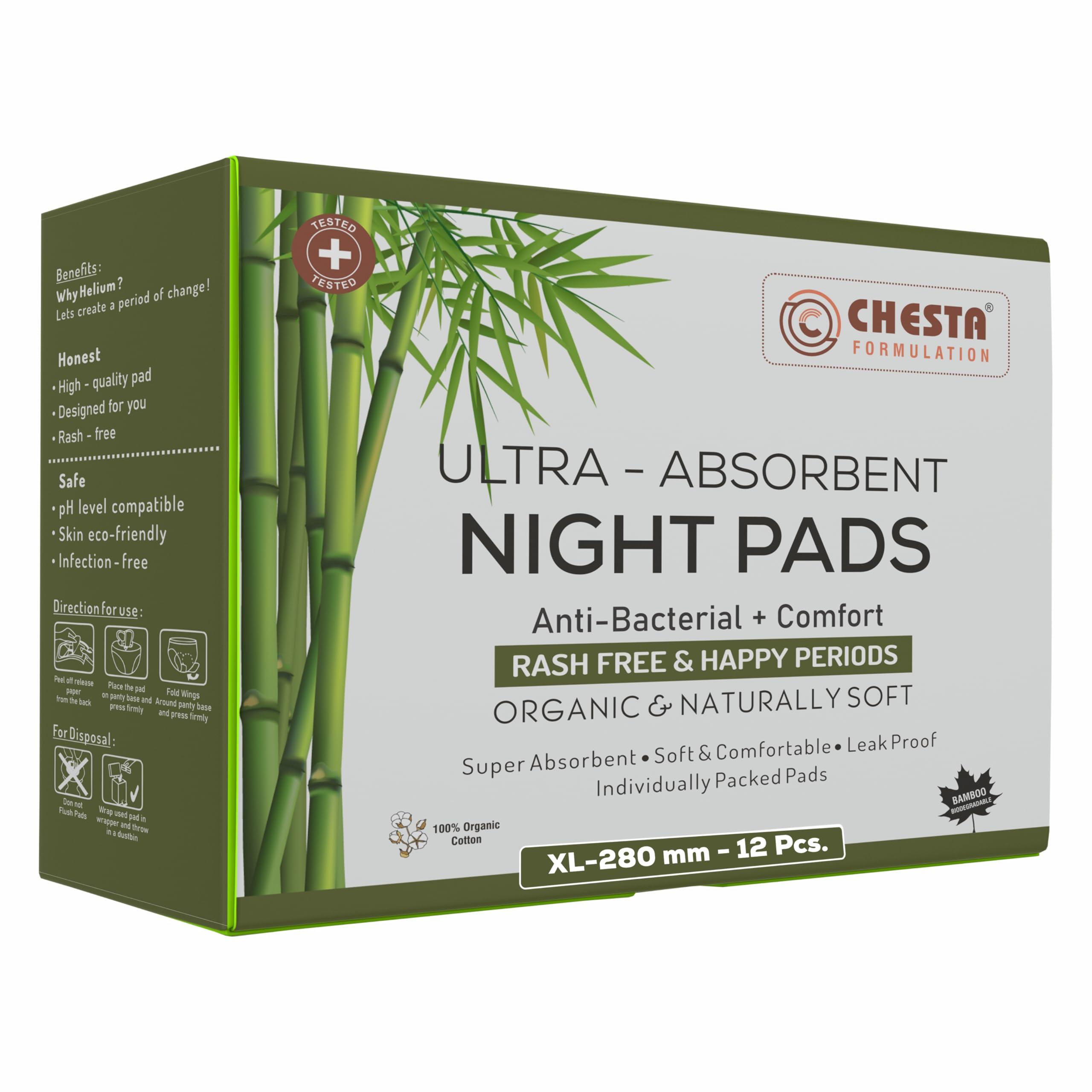 Chesta Formulation Helium Sanitary Pads for Women Ultra-Absorbent Night Pads [Size-XL-280MM Pads-12PCS] Anti Bacterial + Comfort 100% Organic Cotton Bamboo Sanitary Pads Rash and Odour Free (B0D7TV3SCB) Amazon Price History, Amazon Price Tracker