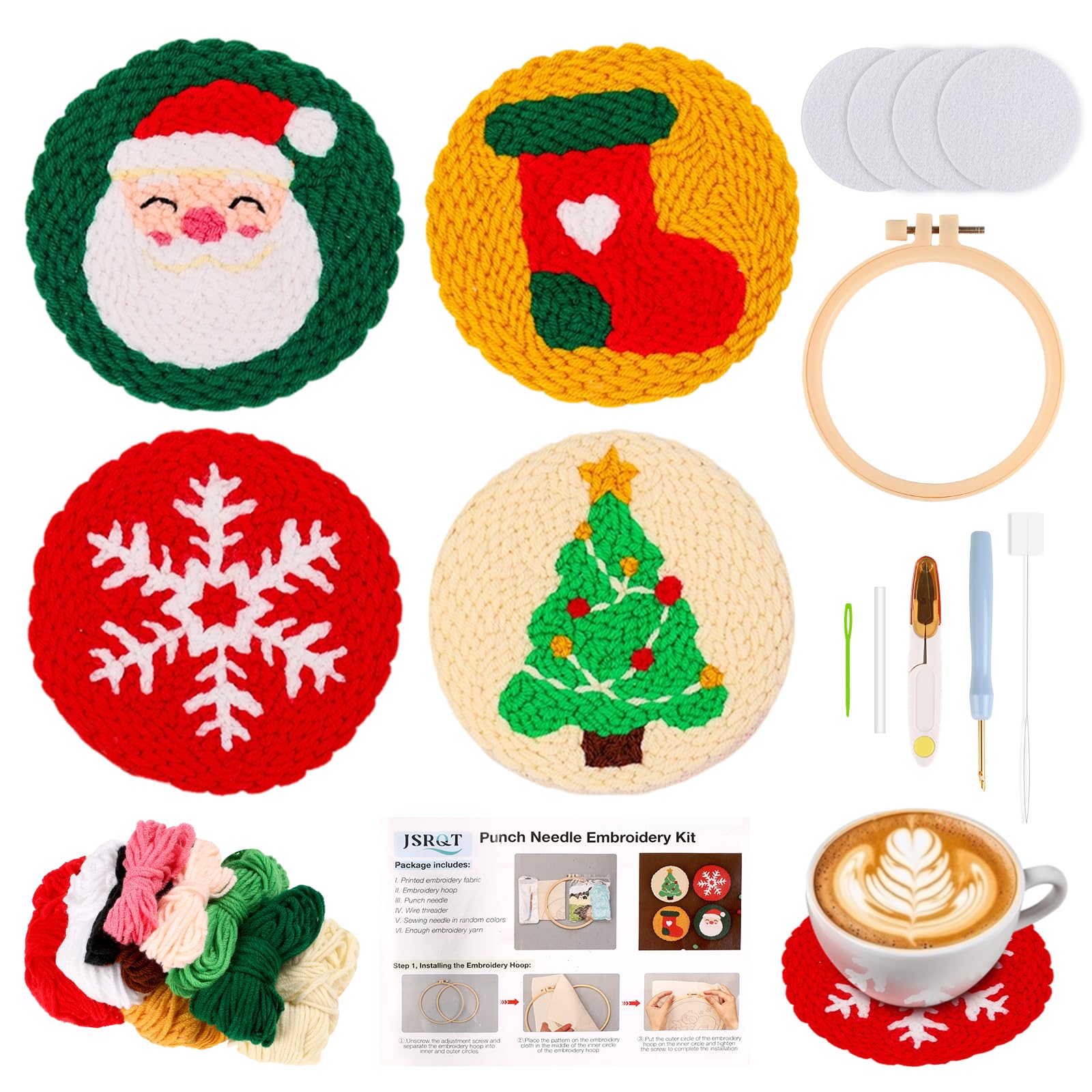 JSRQT 4 Pcs Punch Needle Kit Coasters di Natalizi, Kit per Principianti Punto Croce Fatto a Mano Adulti Bambini, Set di Aghi Punzonatura Ricamo con Strumenti, per Decorazioni Natalizi