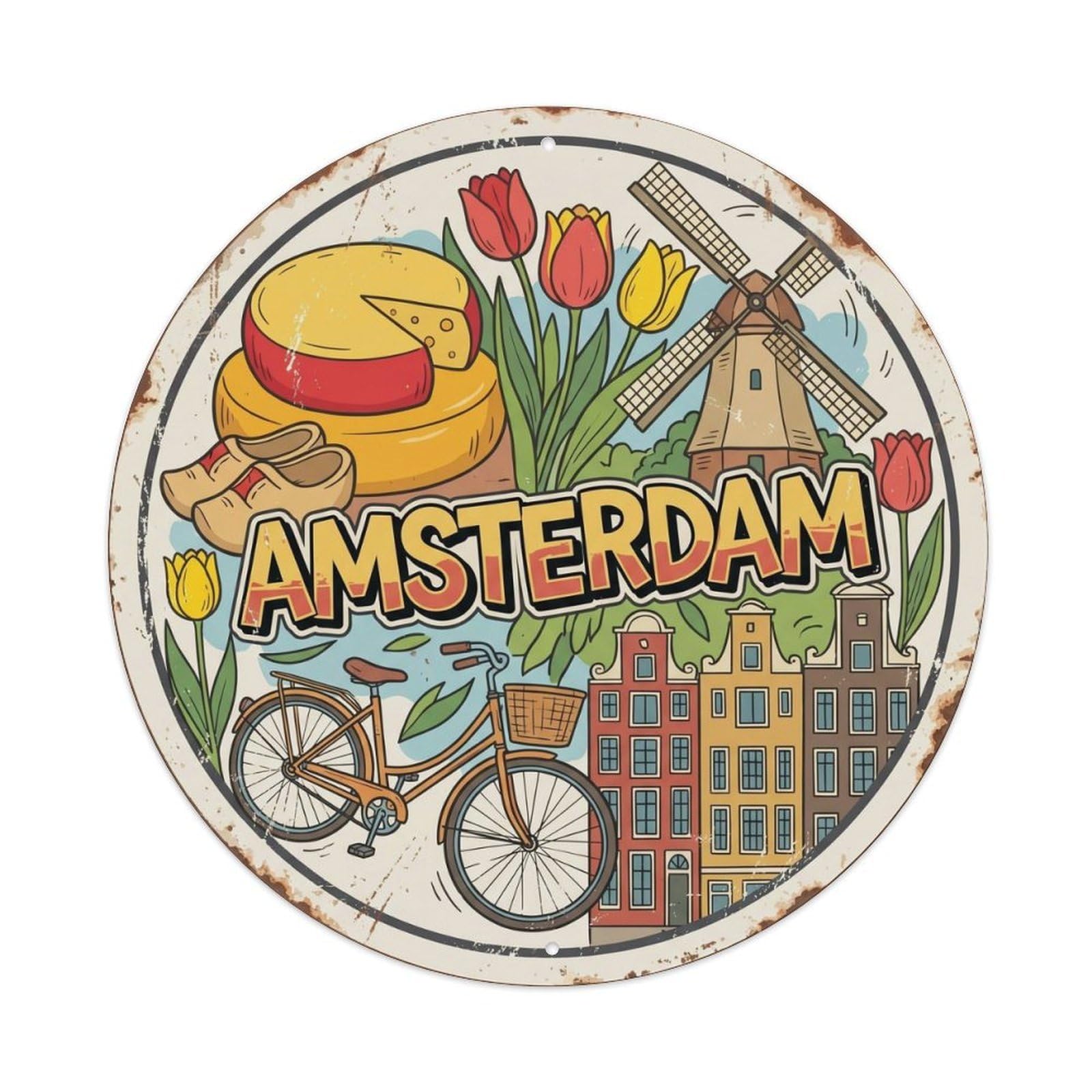 Amsterdam Dutch Cheese Clogs Vintage Travel Food Heritage Metal Tin Sign Plaque Wall Decor for Cafe, Man Cave, Club Bar, Office, Home Garden Round Metal Poster 8x8Inch
