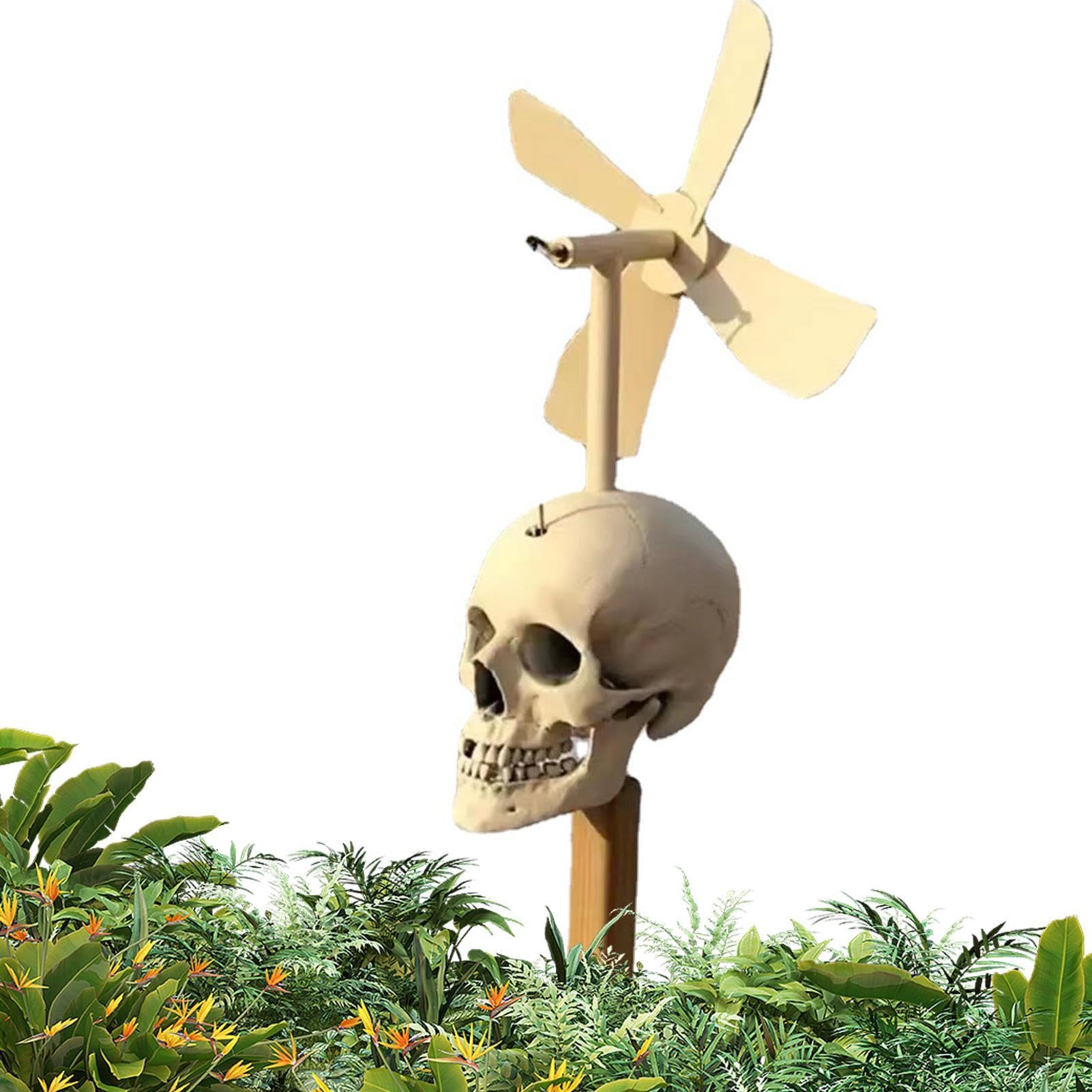 Molino de viento al aire libre – Molino de viento con cabeza de calavera, escultura de metal para exteriores, escultura de metal para exteriores, molino de viento de calavera | Molino de viento de