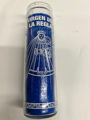 Nuestra Señora de Regla (Virgen De La Regla) Vela de Pilar Azul Sin Perfume en Vidrio