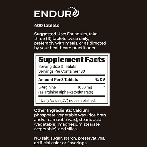 Miniatura 6 de Endurance Products L - Arginina - Suplemento dietético de liberación sostenida de 350 mg para una absorción óptima - Precursor de óxido nítrico*,