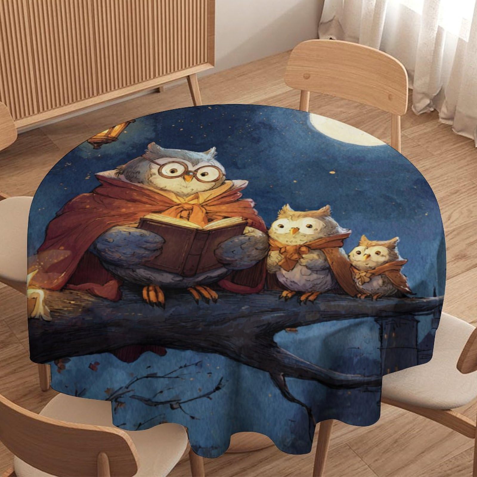 Luyysky Retro Watercolor Cute Owl Waterproof Round Tablecloth Classic Oil Painting Full Moon Starry Sky Galaxy Castle Animal Owls Washable Table Cover For Kitchen-177.8" Wx177.8 L Cm