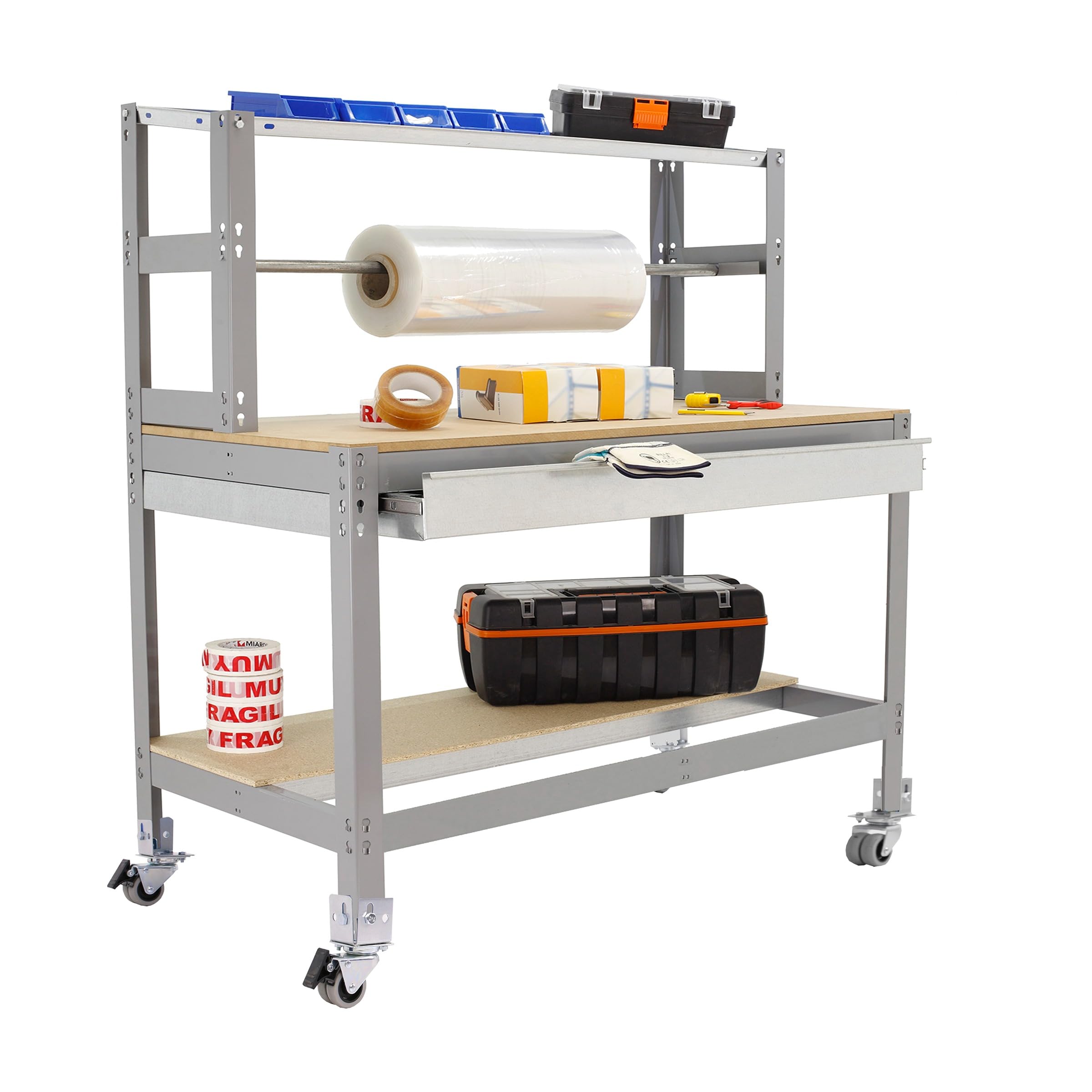 Simon Rack Banco de Trabajo Taller con Ruedas 1510x760 mm - BT4 | Porta Rollo y Cajón, Tablero madera 16 mm, Capacidad Carga 120 kg, Gris , Pintura anticorrosión, Montaje sistema clic