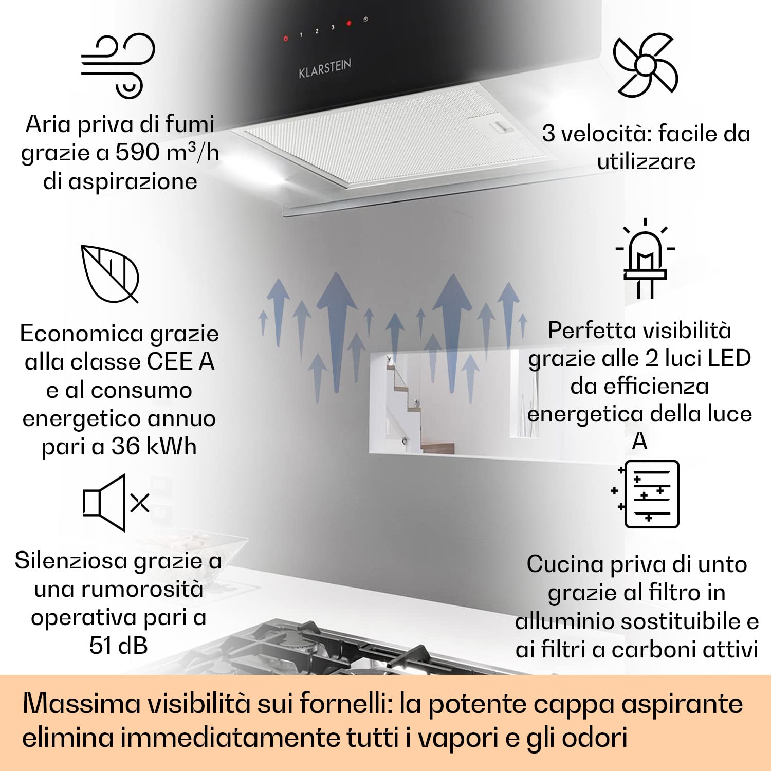 Klarstein Cappa Isola Sospesa, Cappa Cucina con Timer, Flusso d'Aria di 590m³/h, Cappa Sospesa per Isola Cucina con 3 Modalità e Filtri Antigrasso, Cappa Isola Sottopensile con Filtri a Carboni Attivi