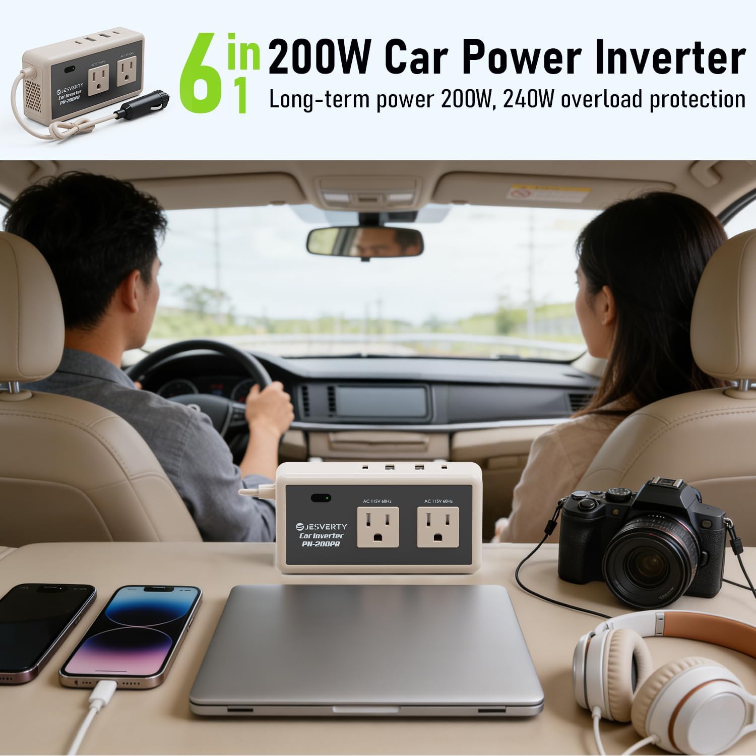 200W Car Power Inverter DC 12V to 110V AC, 30W USB-C & 20W USB-A Fast Charging, 2 AC Outlets for Laptop, Phone, Tablet, Game Console - Compatible with 12V Cigarette Lighter Socket
