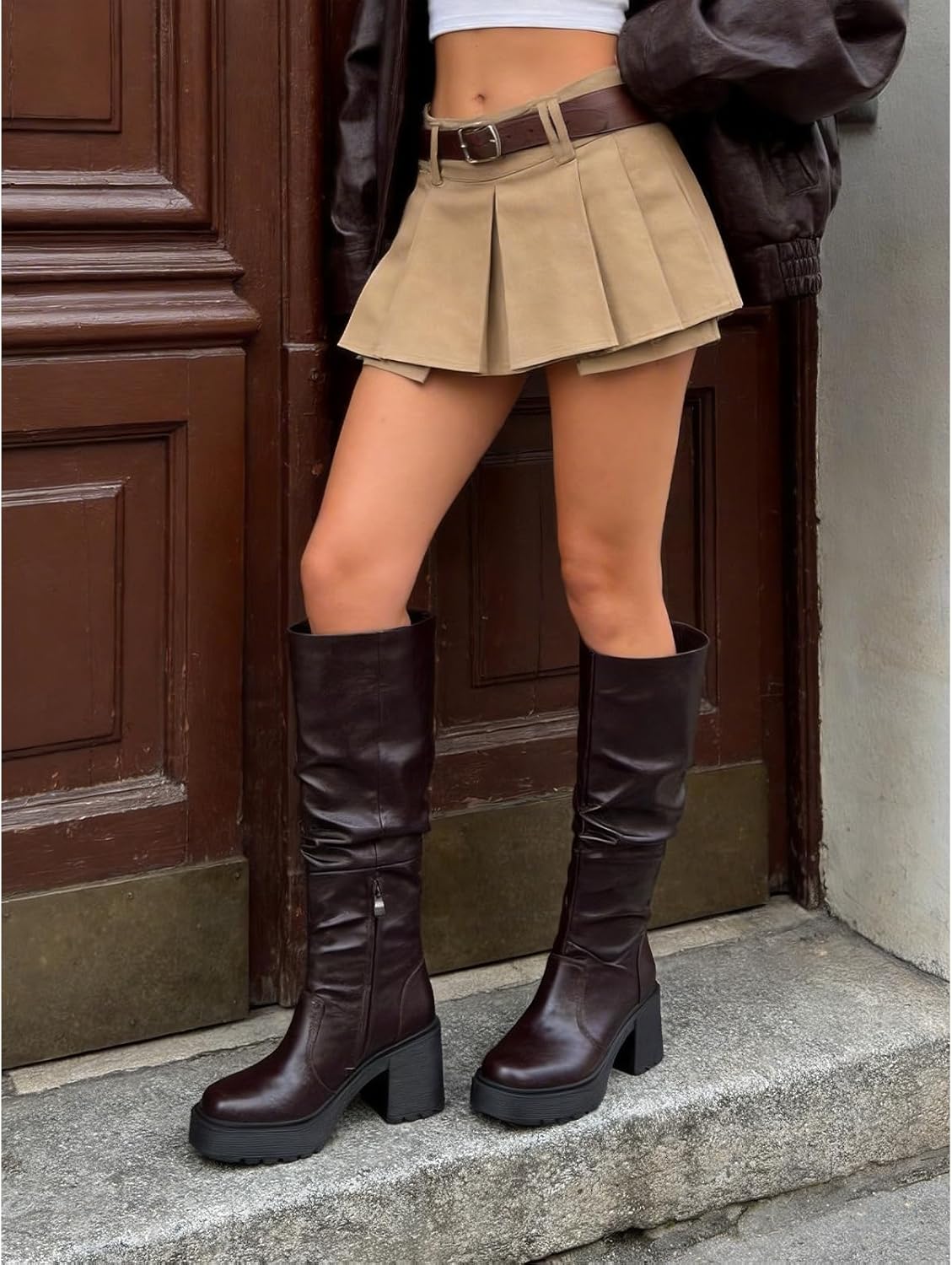 UBWDU Platform Boots Campus Knee High Boots Women Side Zipper Chunky Tall Boots Block Heel Square Toe Long Leather Booties