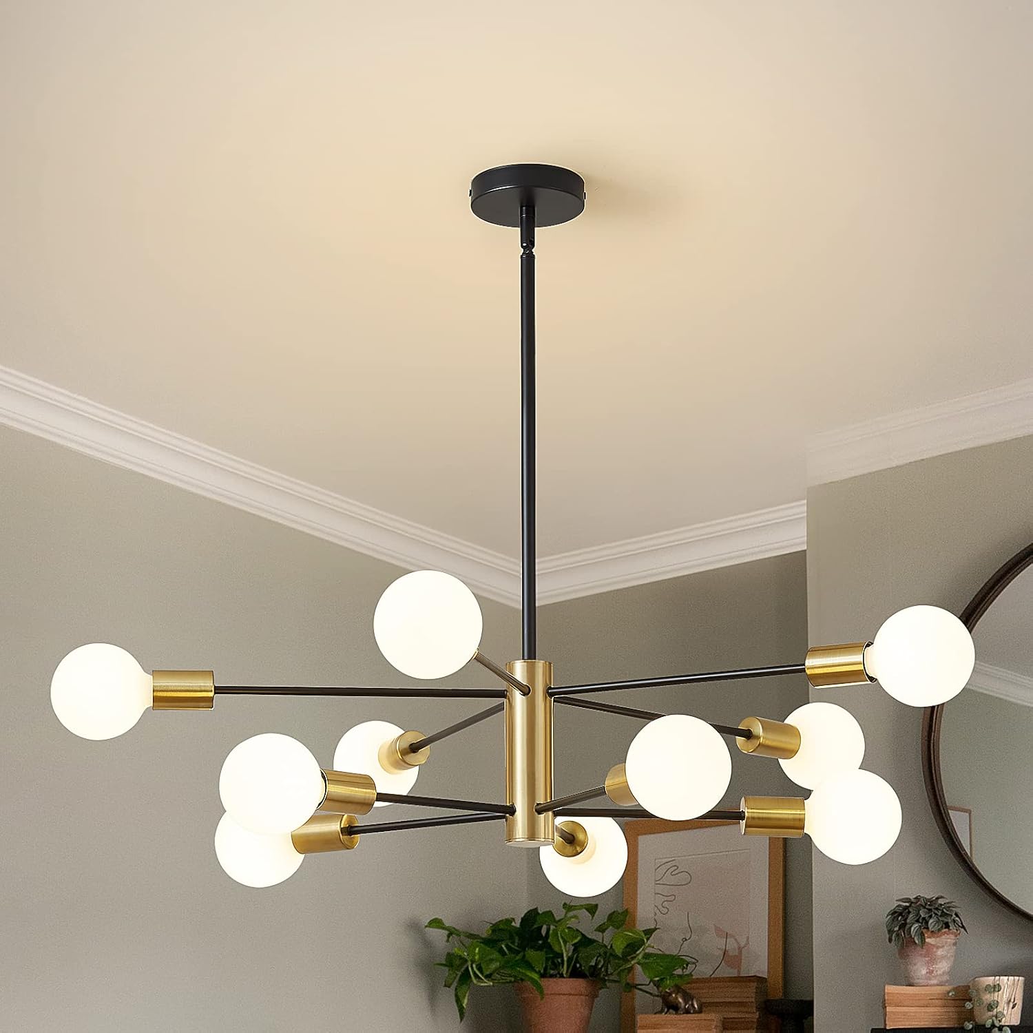 Sputnik Chandeliers Modern Black and Gold Chandeliers 10-Light Mid Century Farmhouse Chandelier Ceiling Light Fixture Height Adustable Pendant Light for Kitchen Island Living Room Dining Room Black and Gold 10 Light