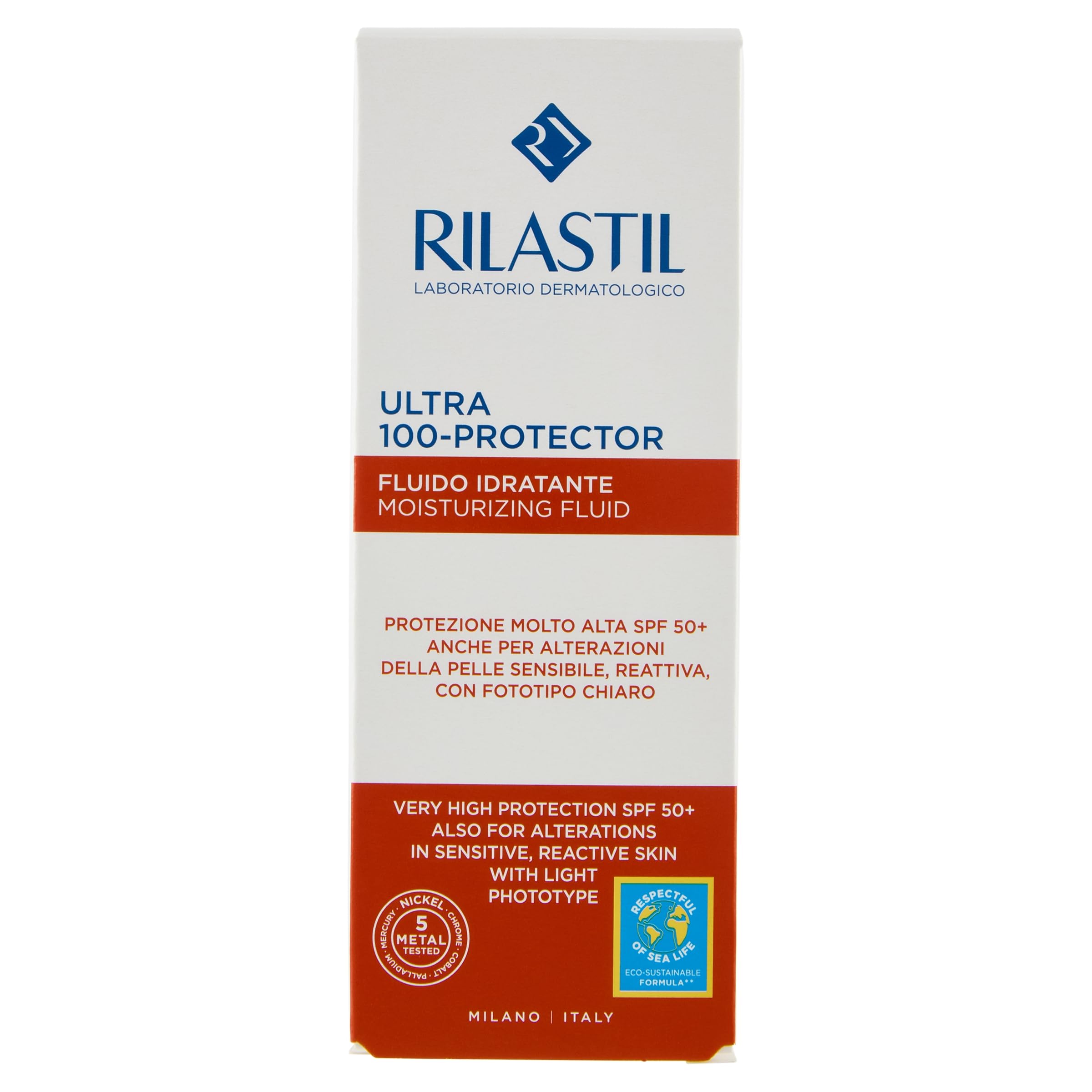 Rilastil Fluido 100, Emulsione Fluida Idratante e Protettiva, Texture Ultraleggera, Resistente all'Acqua, per Pelle Sensibile, Confezione da 50ml