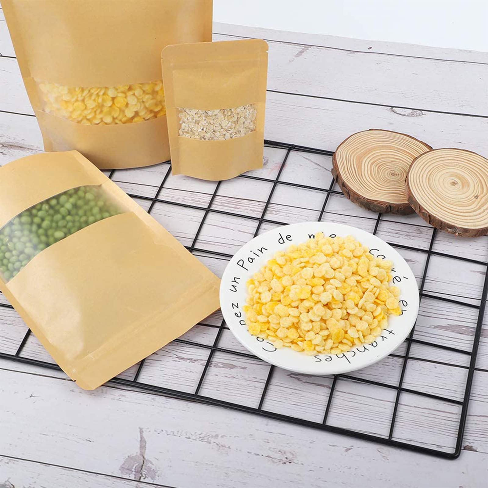 Miorkly Lot De 100 Sacs En Papier Kraft Avec Fenêtre (18 X 26 X 5 Cm) Pochette Refermable étanche Et Résistant à L'humidité Réutilisable Convient Pour Les Fruits Séchés Le Café Les