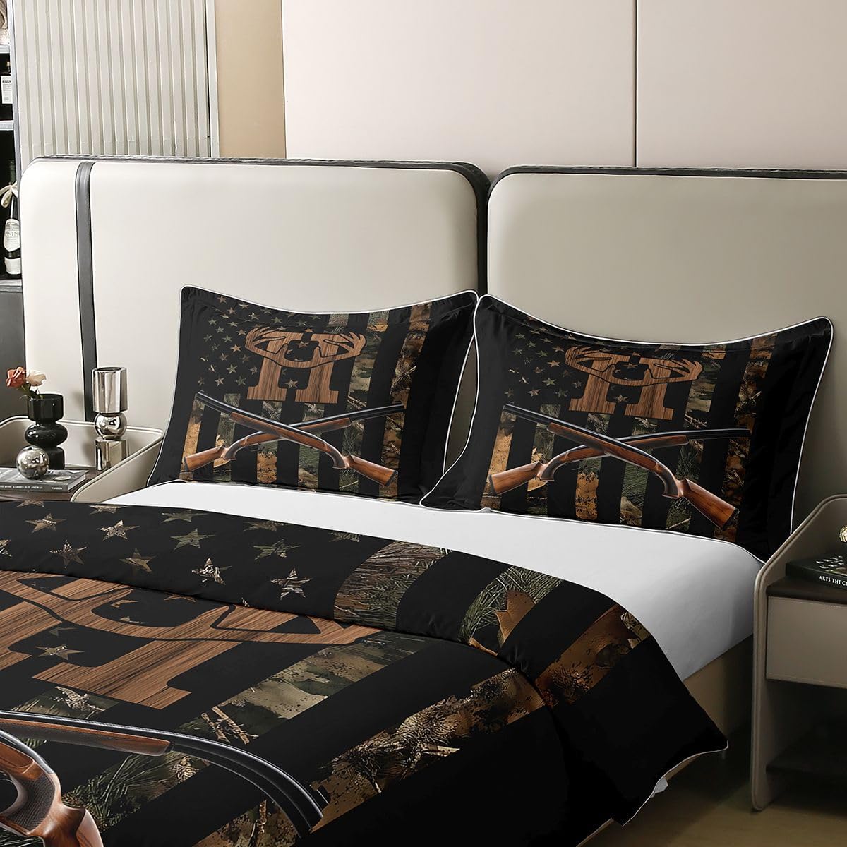 Erosebridal Deer Initial Letter H Bedding Set Full American Flag Camo 100% Cotton Duvet Cover Rustic Hunting Monogram Antler Comforter Cover for Kids Adults Woodland Camouflage Bed Set 3 Pcs