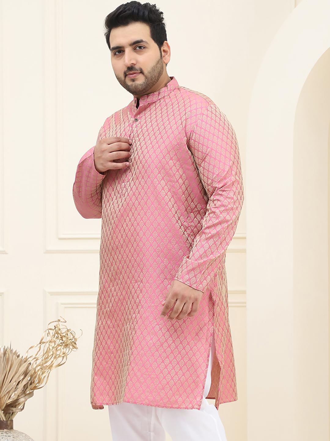 Sojanya Plus (Since 1958) Men's Silk Blend Pink Self Design Only Long Kurta