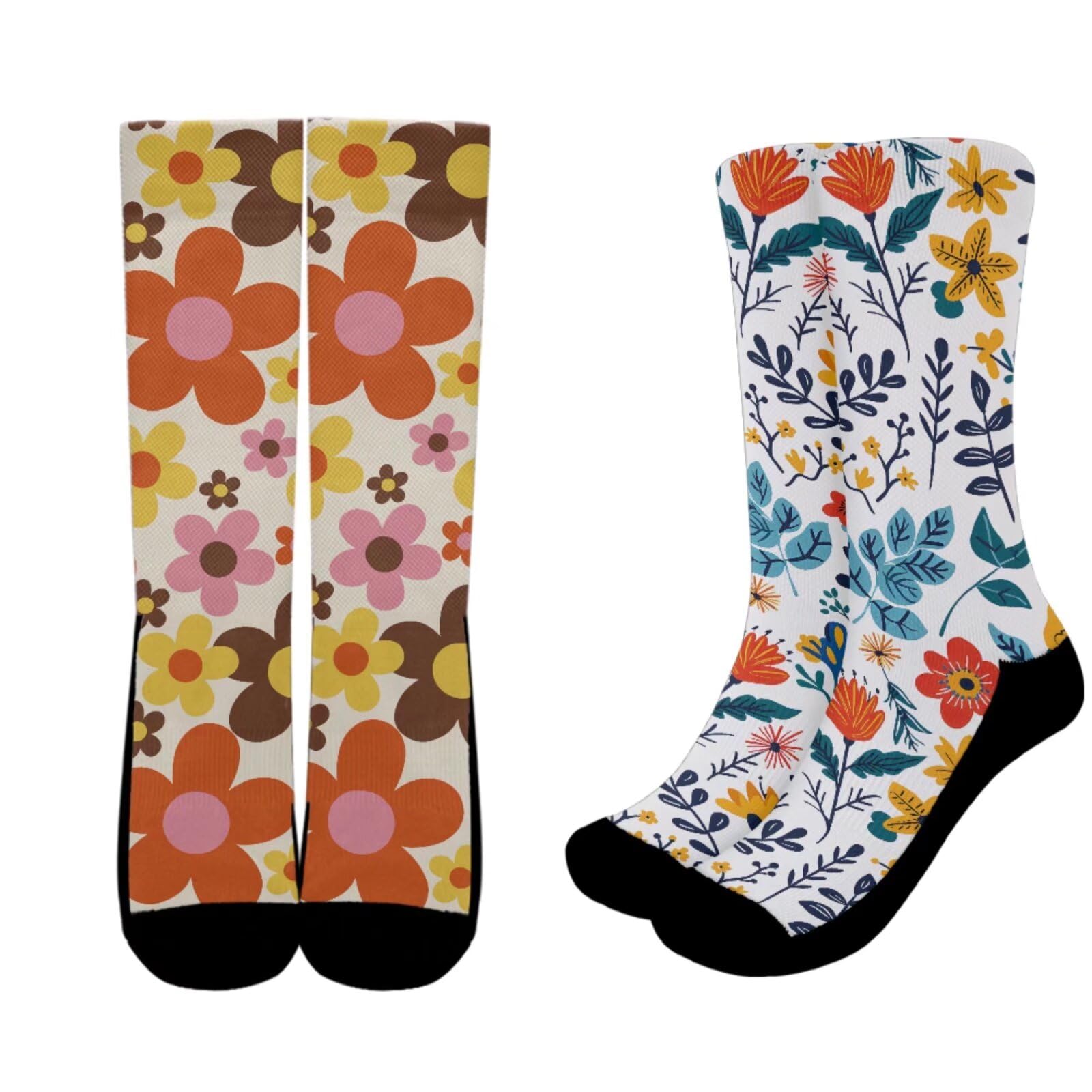 Luarisgur Hippie Daisy Women's Crew Socks Vintage Winter Long Thick Socks for Women Bulk Comfort Aesthetic Hiking Running Socks 2 Pairs Szie 9-12