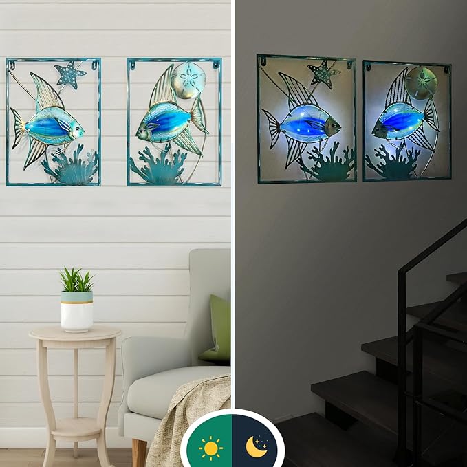 LIFFY Decoración de Pared de Pez de Metal con Luces LED, Azul, 2 Piezas miniatura 4