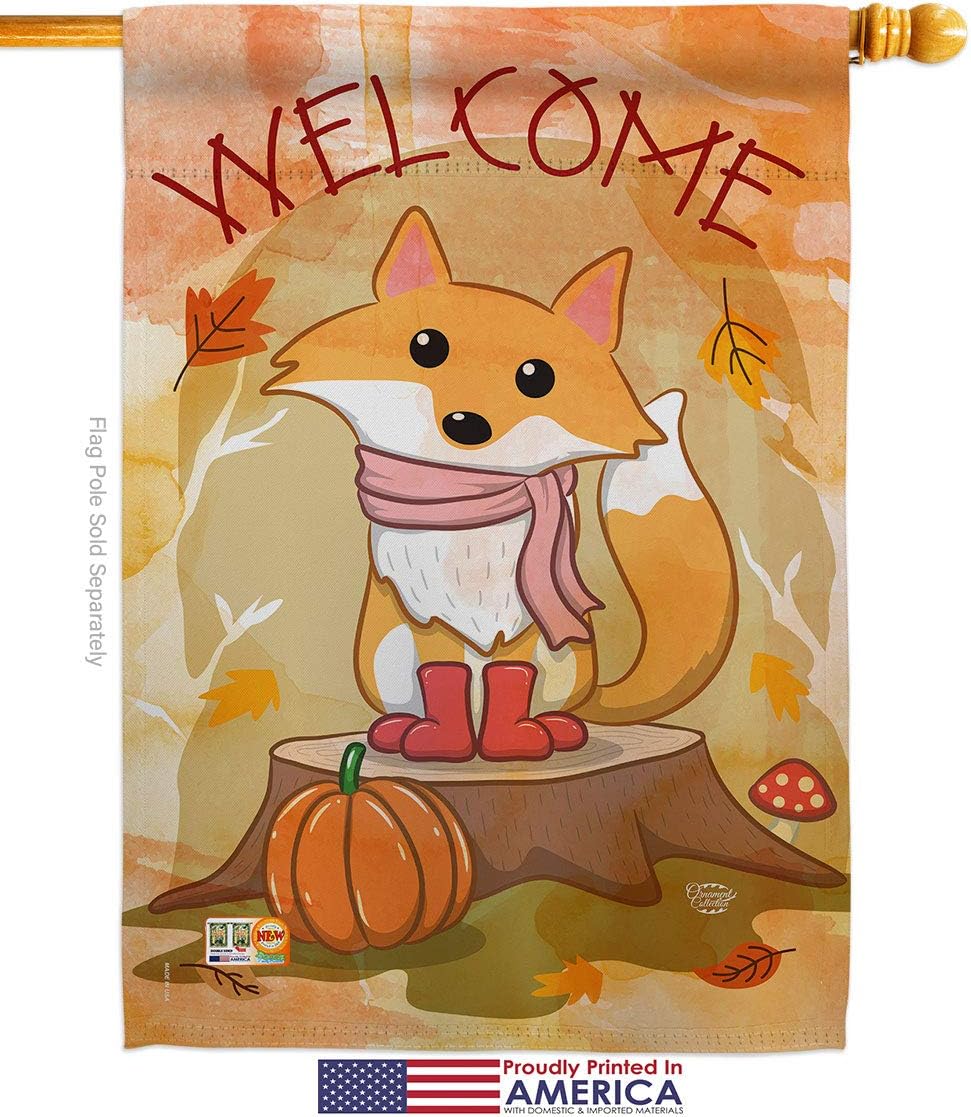 Welcome Fall Foxy House Flag Dowel Set Falltime Harvest Autumn Scarecrow Pumkins Sunflower Leaves Season Autumntime Gathering Small Decorative Gift Yard Banner Made In USA 28 X 40