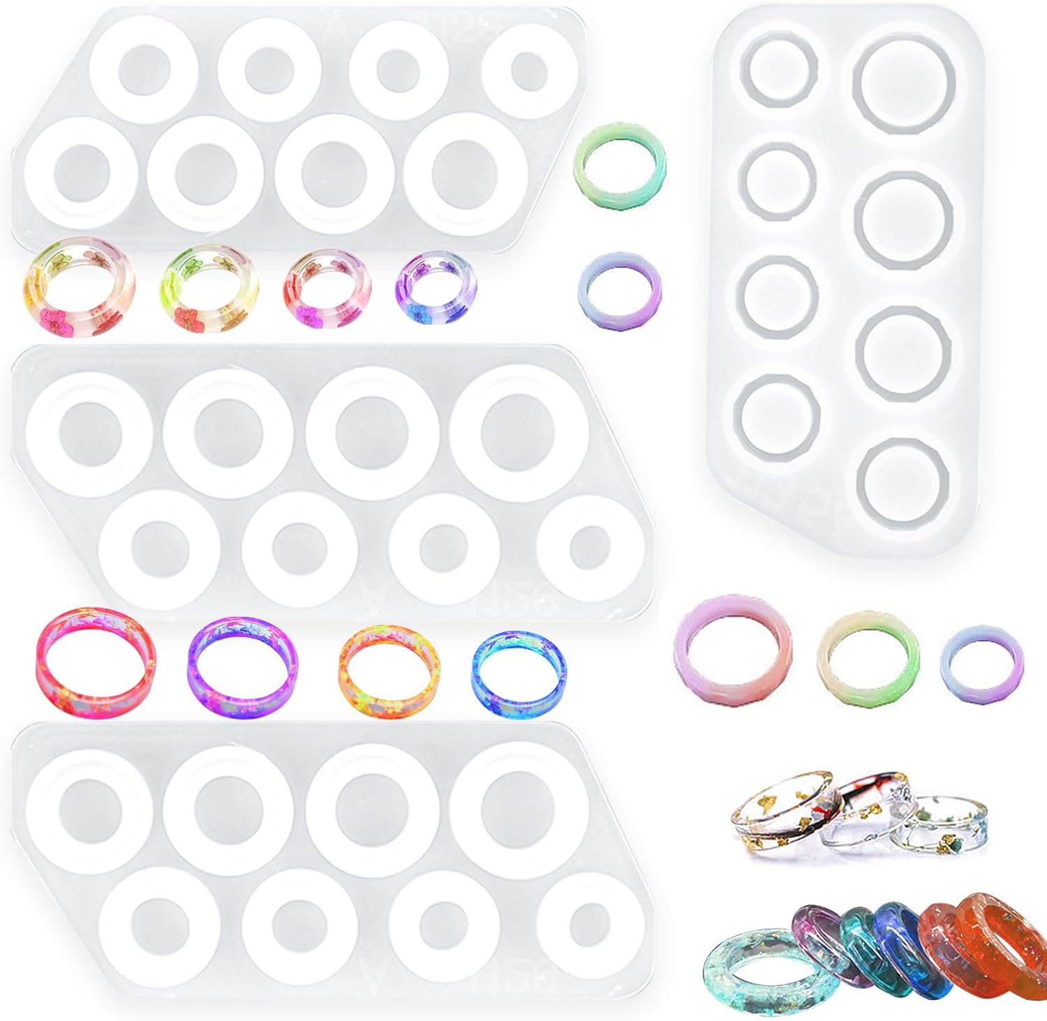 Heogacinlia 4PCS Silicone Resin Ring Molds - 8 Sizes Round & Rhombic Shapes for DIY Jewelry Rings, Pendants, Earrings