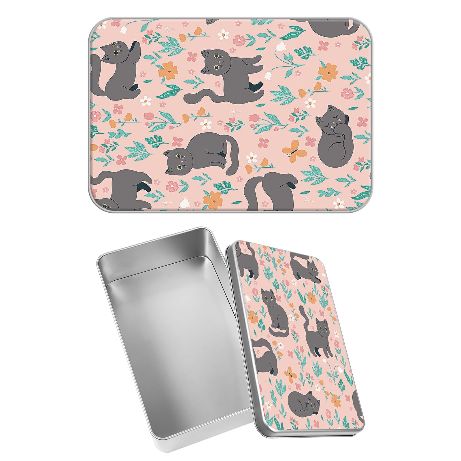 Rectangular Metal Tin Box with Removable Lid, Cat Flower Decorative Printed Metal Storage Container for Jewelry Pen Eraser Pill Candy Craft 4.9 x 3.54 x 1.57 inch– Single Pack