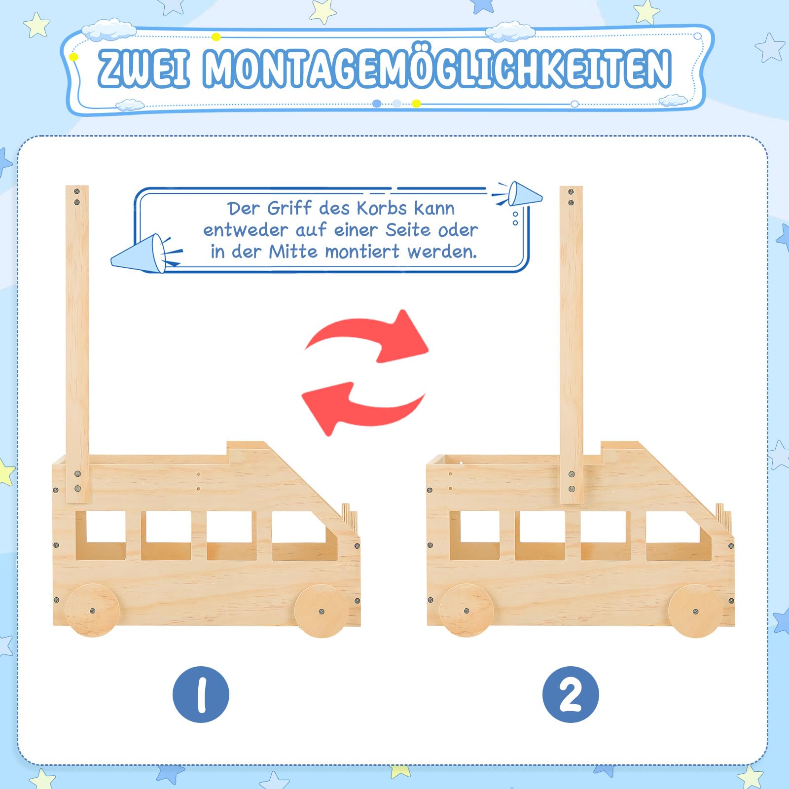 ONUEMP Cestino per bambini in legno con motivo orso, contenitore con ruote e maniglia, 40 x 30 x 58 cm, scatola regalo personalizzabile, per baby shower, legno naturale