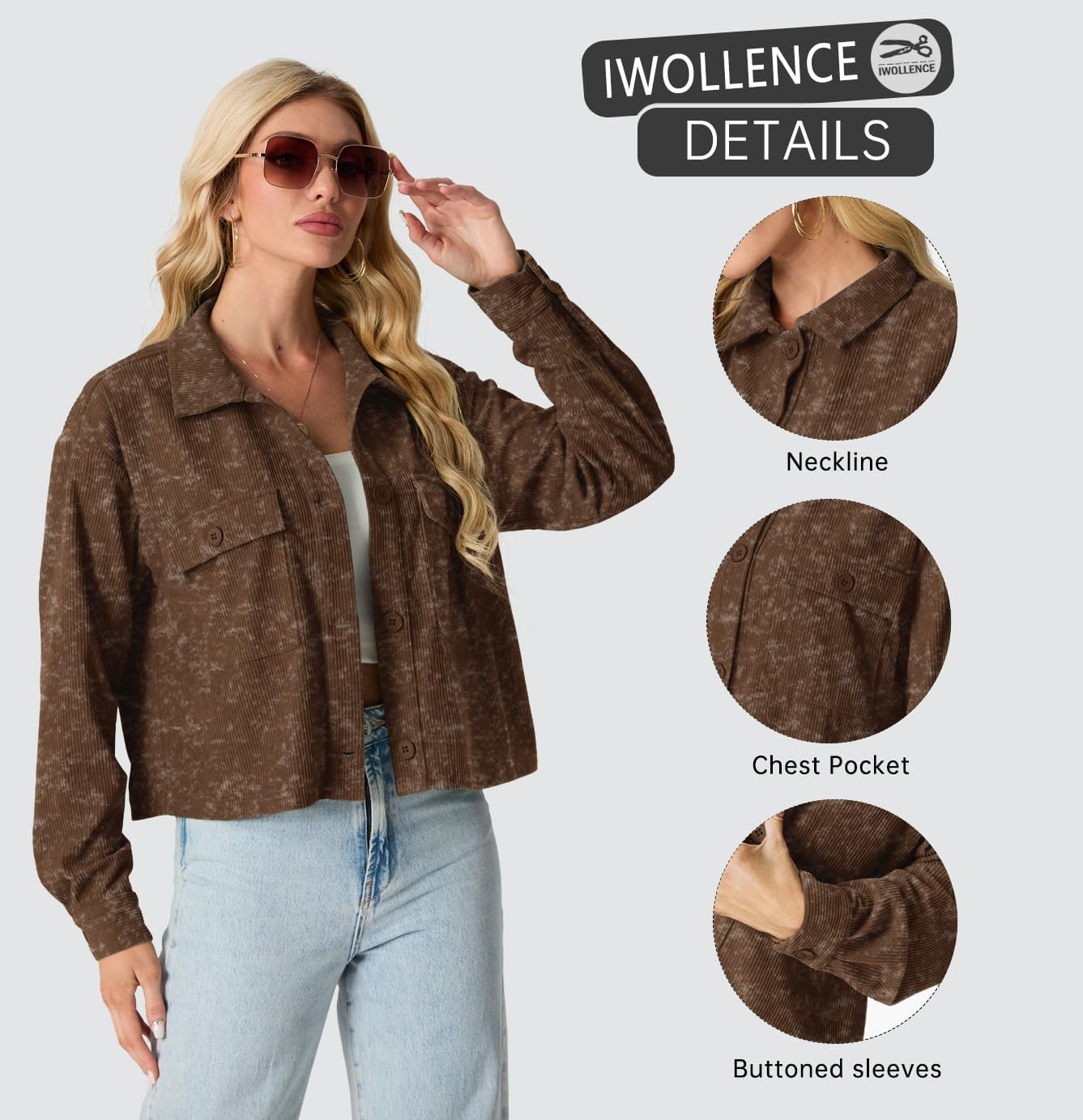 IWOLLENCE Women's Cropped Shacket Jacket Fashion Button Down Corduroy Shacket Jackets Casual Crop Shirts Fall Coat Tops - Image 4