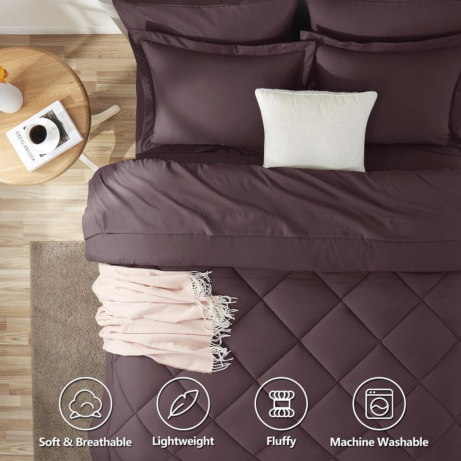 CozyLux Full Size Comforter Sets Cocoa Powder - 7 Pieces Bed in a Bag Full, Luxury Soft Bed Set for All Seasons, Bedding Set with Down Alternative Comforter, Sheets, Pillowcases & Shams thumbnail