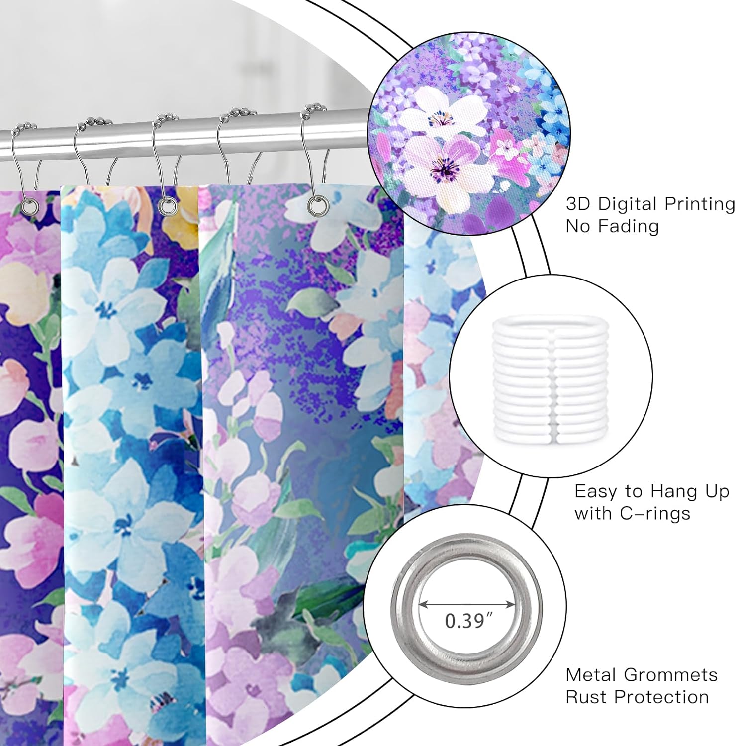 Extra Long Shower Curtain 72 x 84 Inch, Tall Purple Floral Shower Curtain for Bathroom, Pretty Funky Watercolor Colorful Flower Fabric Shower Curtain Set with Hooks