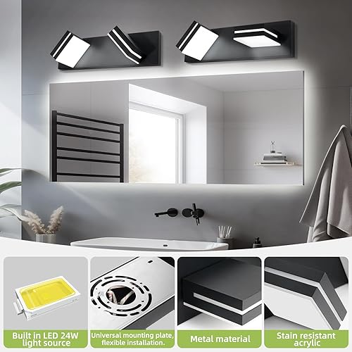 Miniatura 5 de OKELI Lámpara de tocador de baño negra con 2 luces sobre el espejo, moderna, LED, regulable, lámpara de baño, cabezal giratorio de 350, 16 W, 6000
