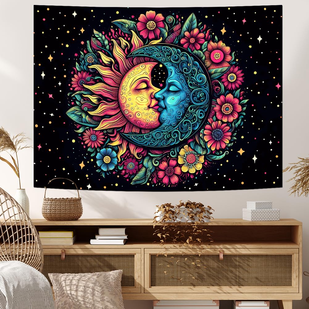 Generleo Sun and Moon Tapestry Trippy Flower Tapestries Hippie Boho Floral  Plant Wall Art Decor Vintage Aesthetic Black Star Background Starry Night 