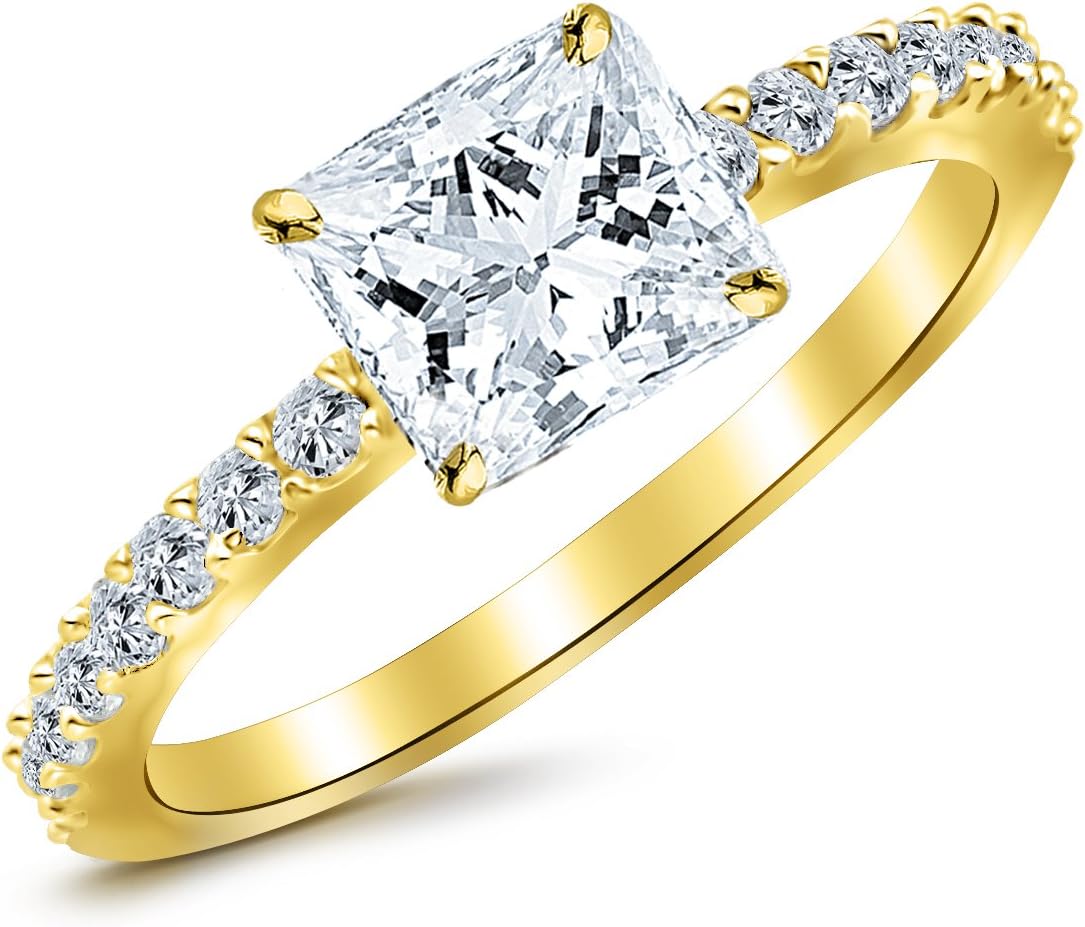 1.04 Carat Classic Sidestone Pave Set Diamond Engagement Ring with a 0.71 Carat Princess Cut H Color VS2 Clarity Center Stone