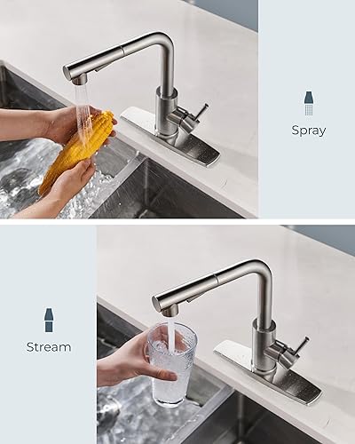 Miniatura 3 de FORIOUS Grifos de cocina con rociador extraíble, acero inoxidable de níquel cepillado, grifo de fregadero clásico extraíble de una sola manija