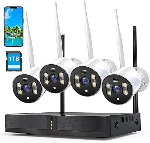 Miniatura 1 de Sistema de cámara de seguridad con disco duro de 1 TB con audio unidireccional, NVR de 4 canales, 4 unidades, visión nocturna, cámaras de vigilancia