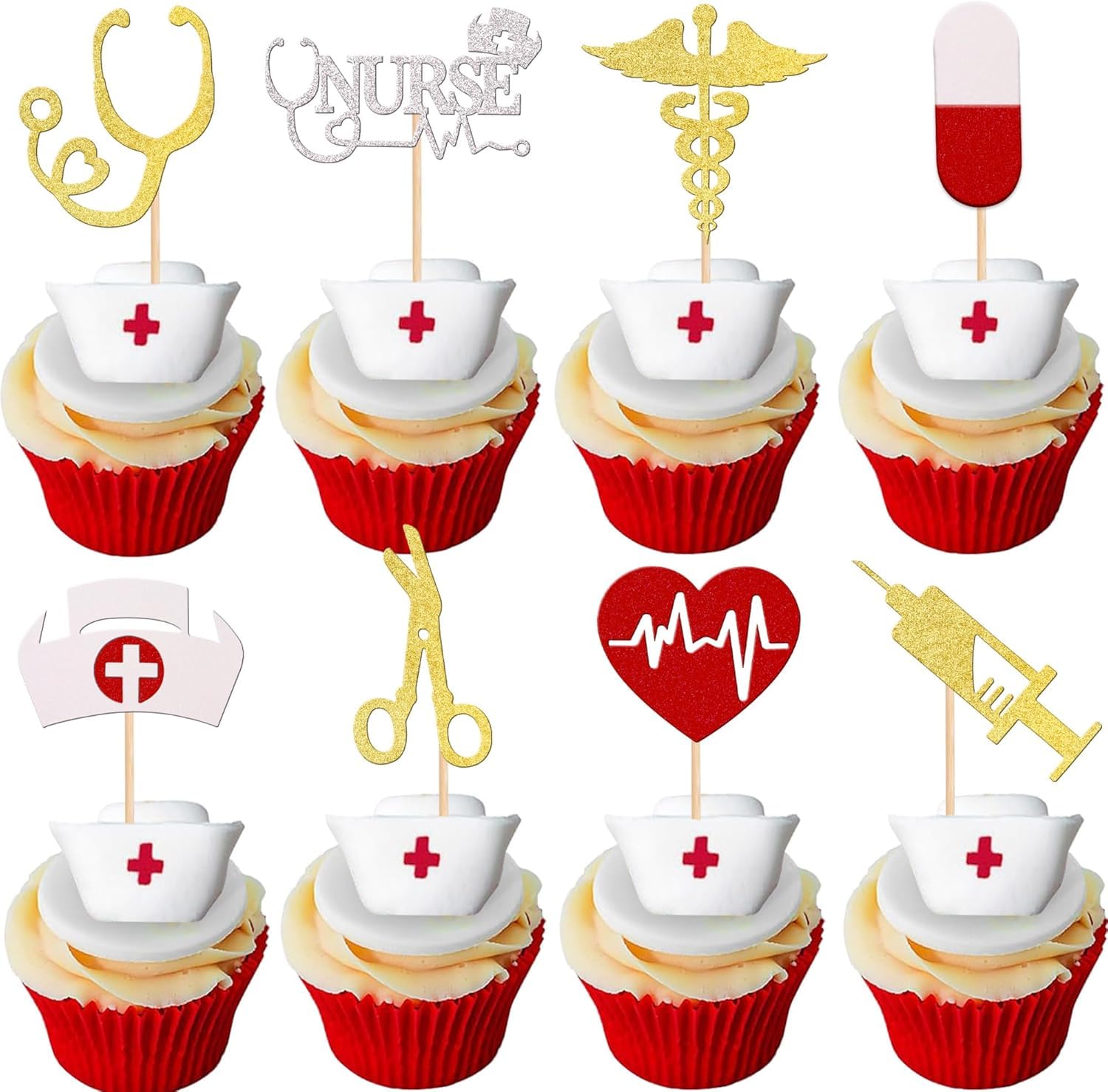 SYKYCTCY 32 Pack Nurse Cupcake Toppers Glitter Nursing School Graduation Cupcake Picks Medical Rn Nurse Grad Themed Birthday Baby Shower Party Cake Decorations Supplies