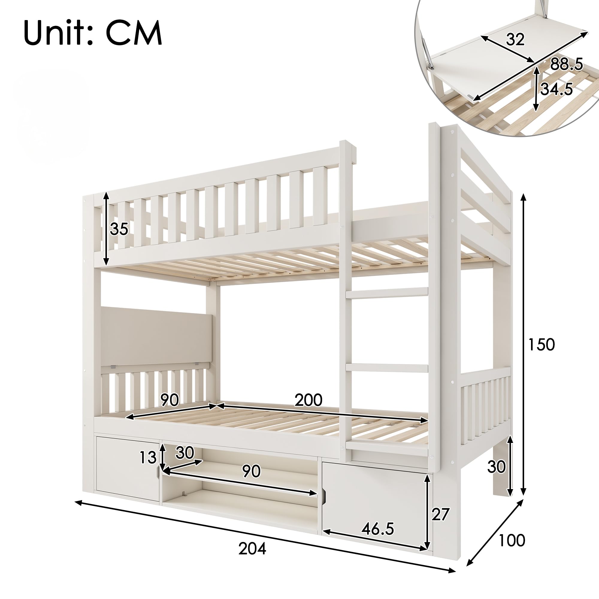 Litera de Estilo Moderno como Cama Alta o Loft Bed con Superior e Inferior de 90x200 cmen Estructura de Madera Maciza con Mesa Plegable, Zapatero y Armarios para Hogar